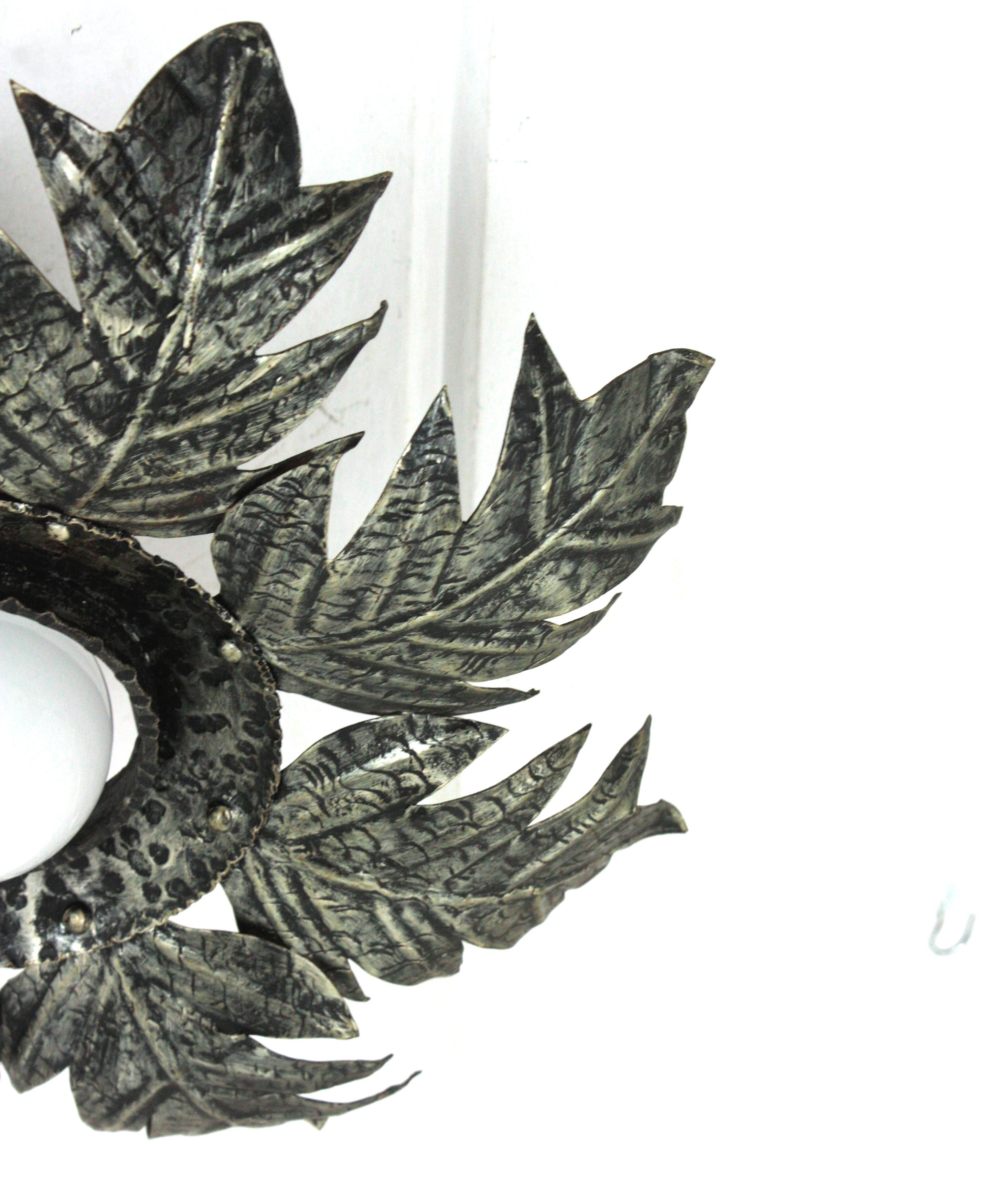 French Foliage Sunburst Light Fixture in Silvered Iron, 1950s  For Sale 8