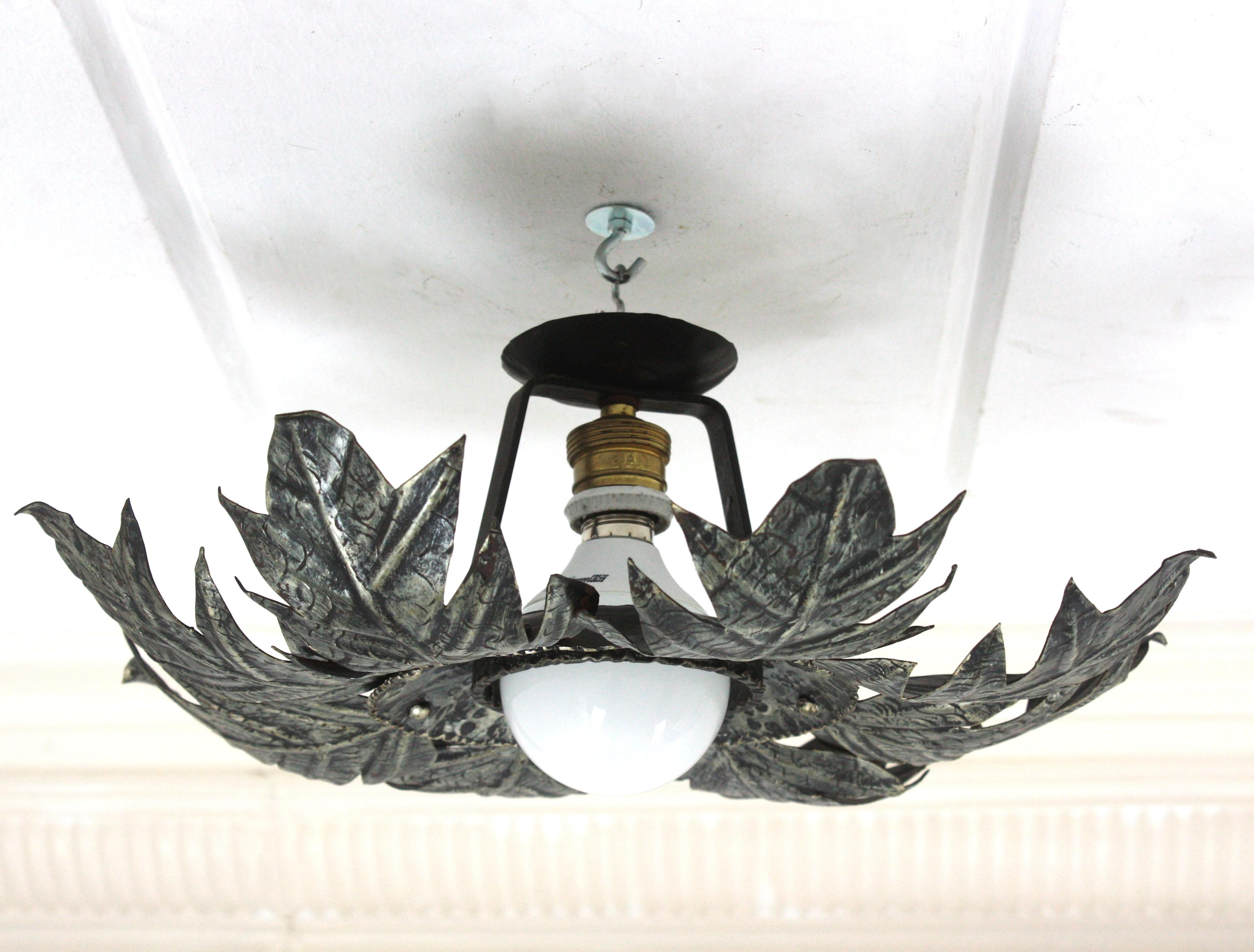 French Foliage Sunburst Light Fixture in Silvered Iron, 1950s  For Sale 9