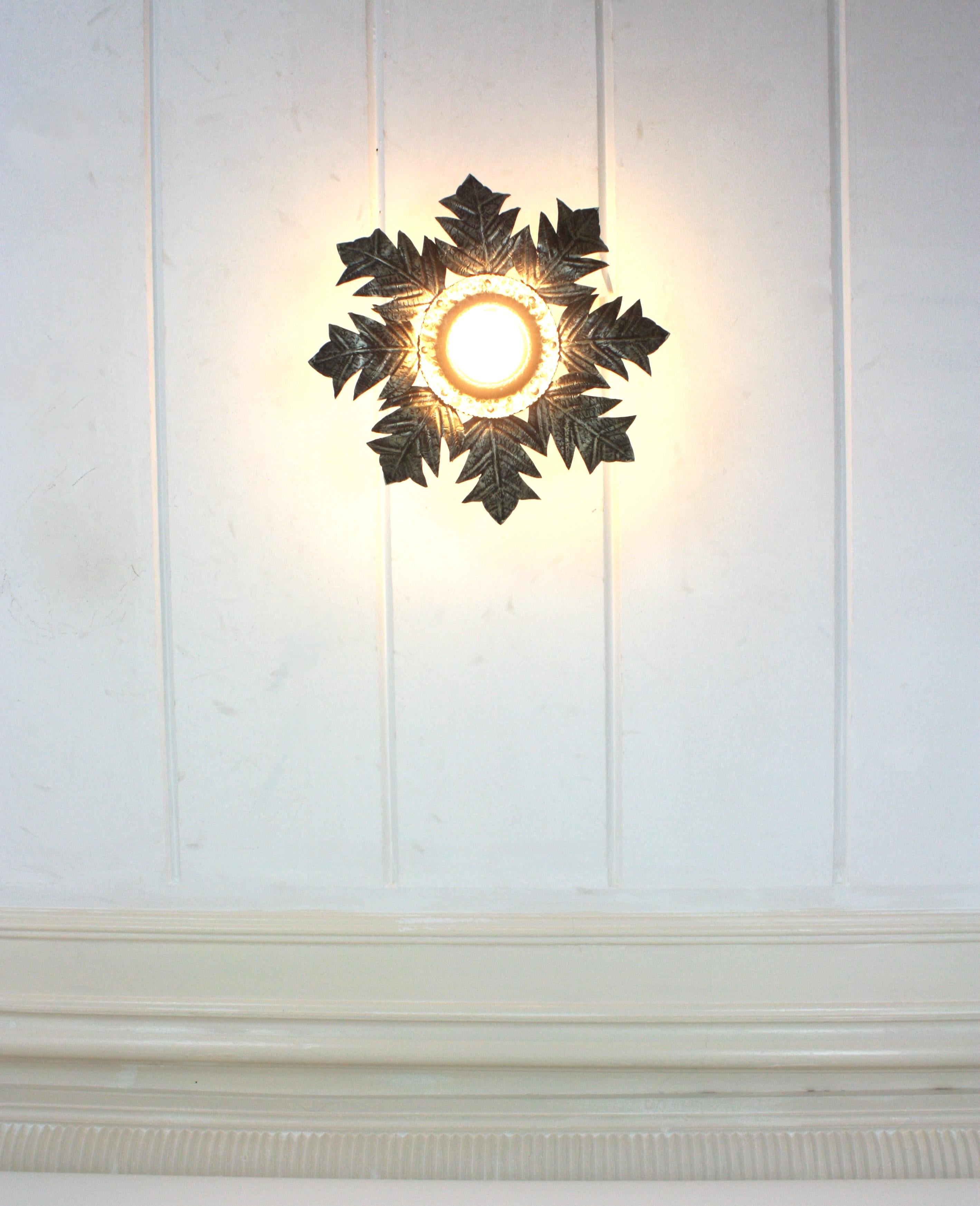 French Foliage Sunburst Light Fixture in Silvered Iron, 1950s  For Sale 12