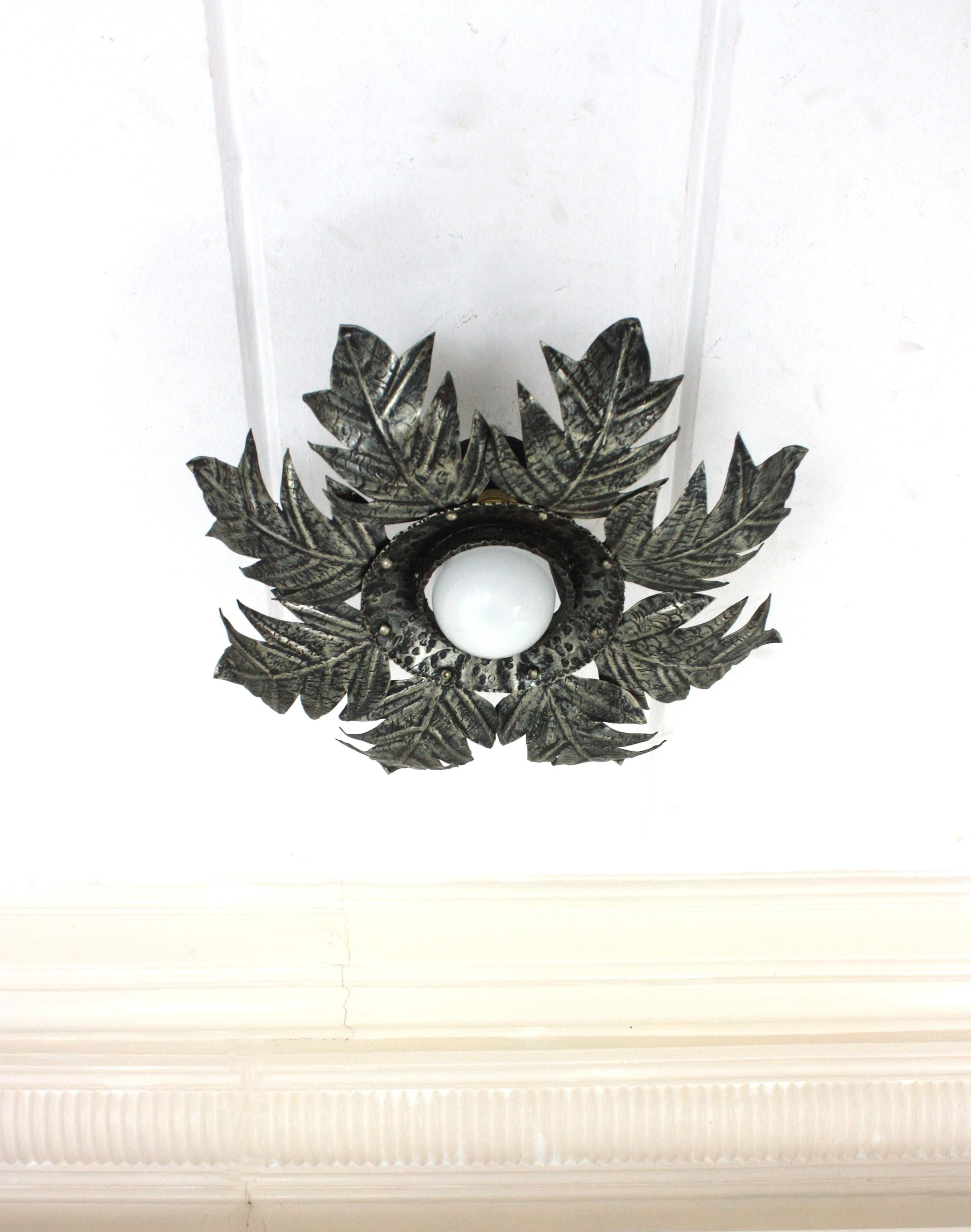 Hollywood Regency French Foliage Sunburst Light Fixture in Silvered Iron, 1950s  For Sale
