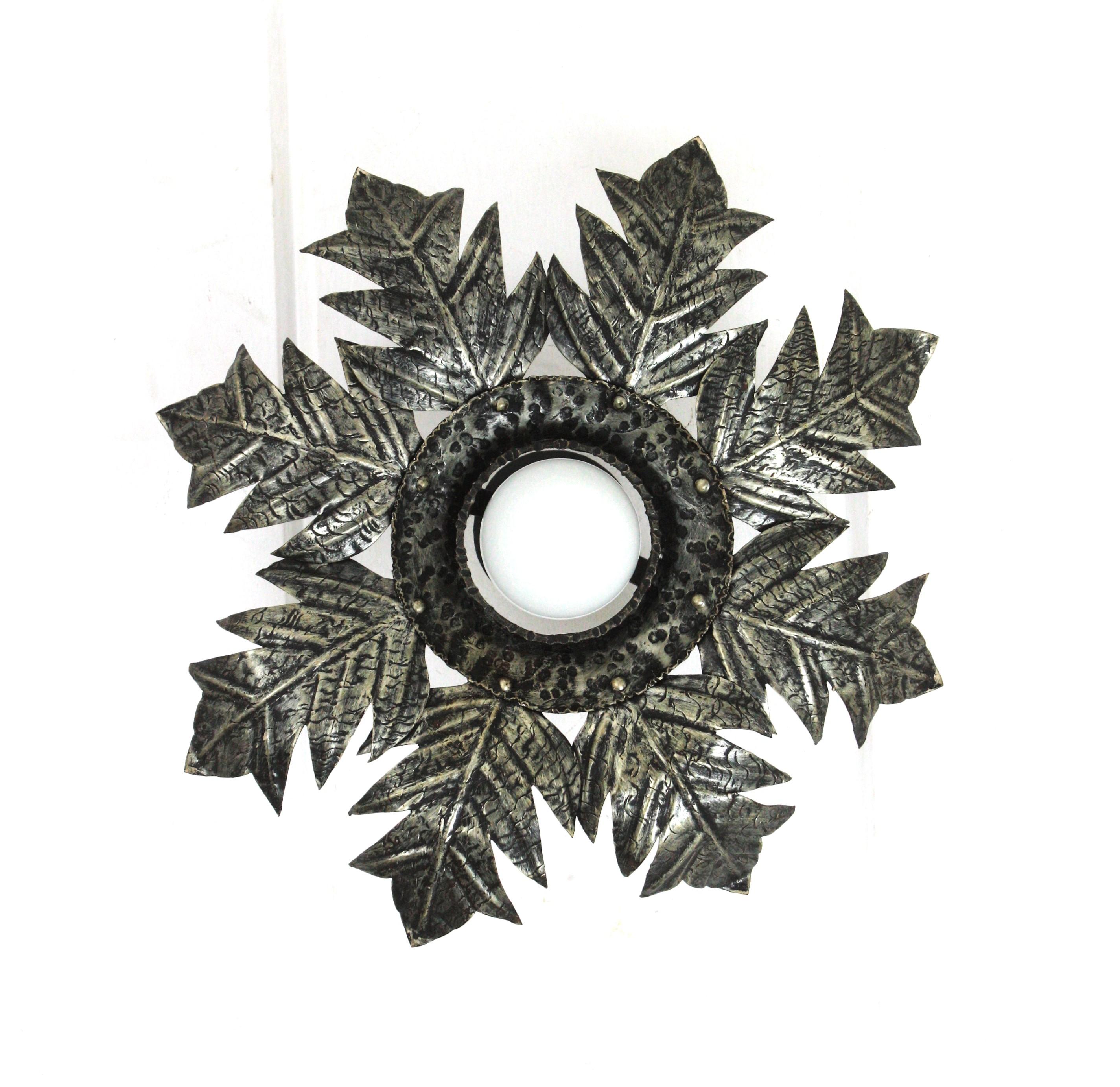 Forged French Foliage Sunburst Light Fixture in Silvered Iron, 1950s  For Sale