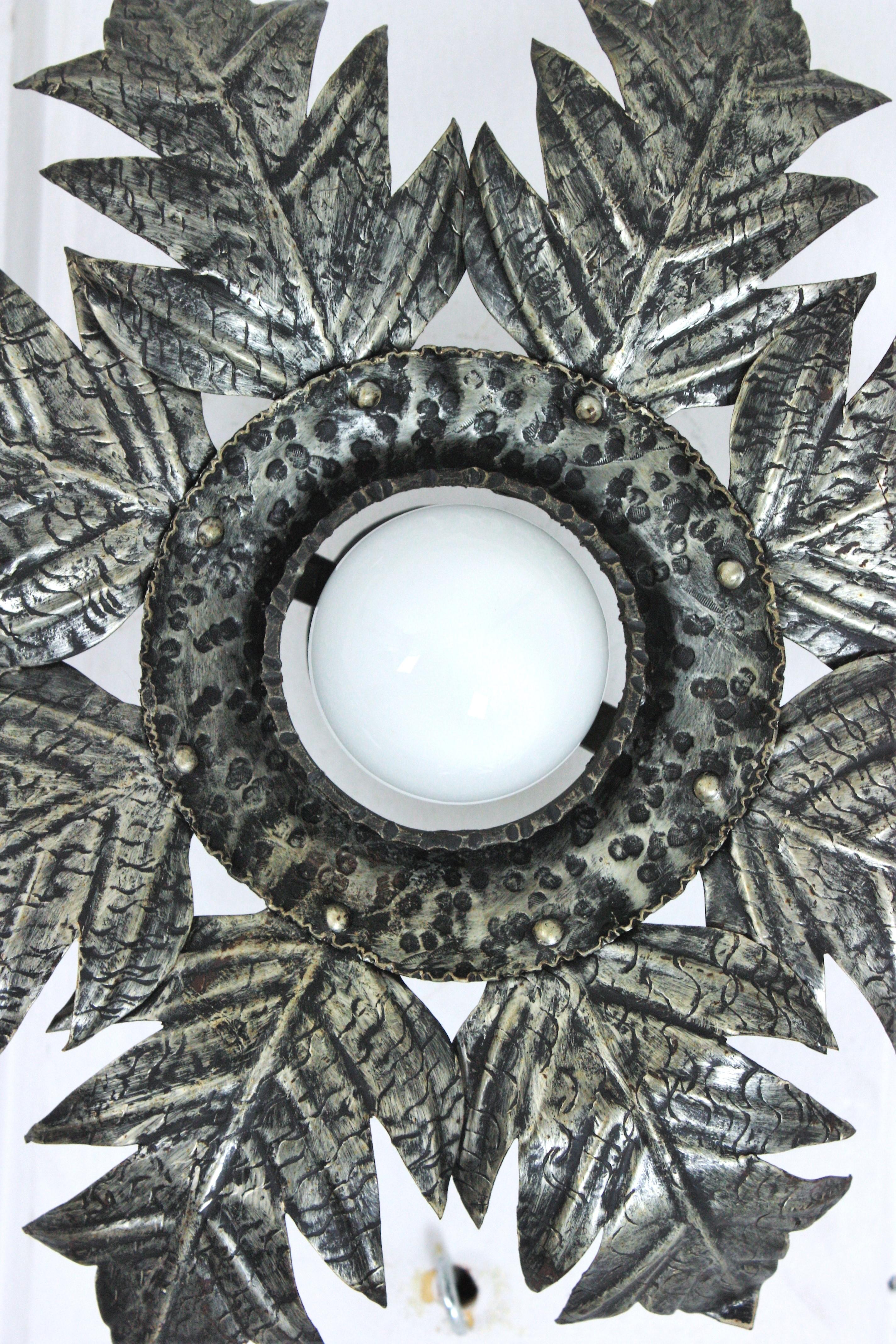 20th Century French Foliage Sunburst Light Fixture in Silvered Iron, 1950s  For Sale