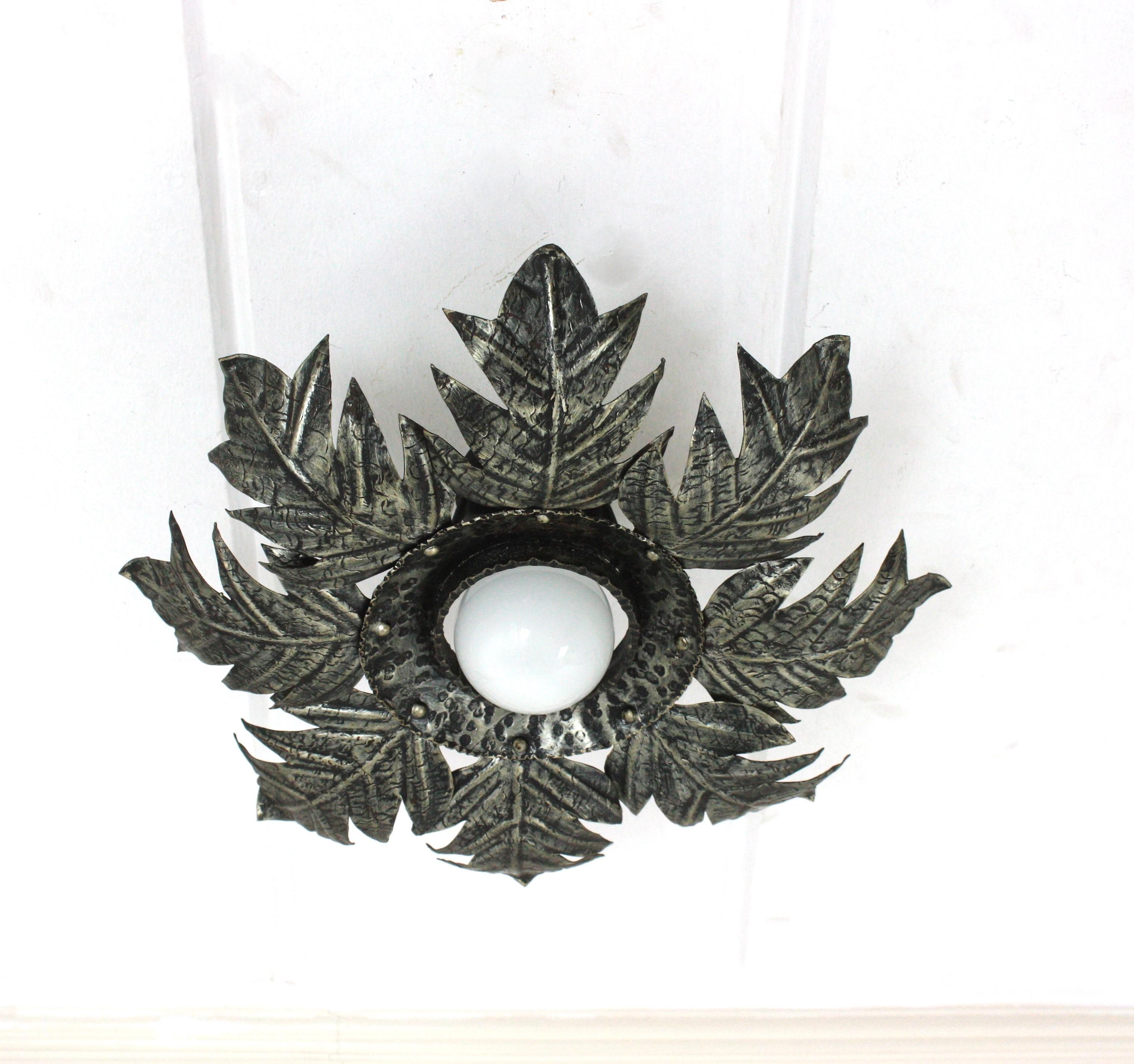 Metal French Foliage Sunburst Light Fixture in Silvered Iron, 1950s  For Sale