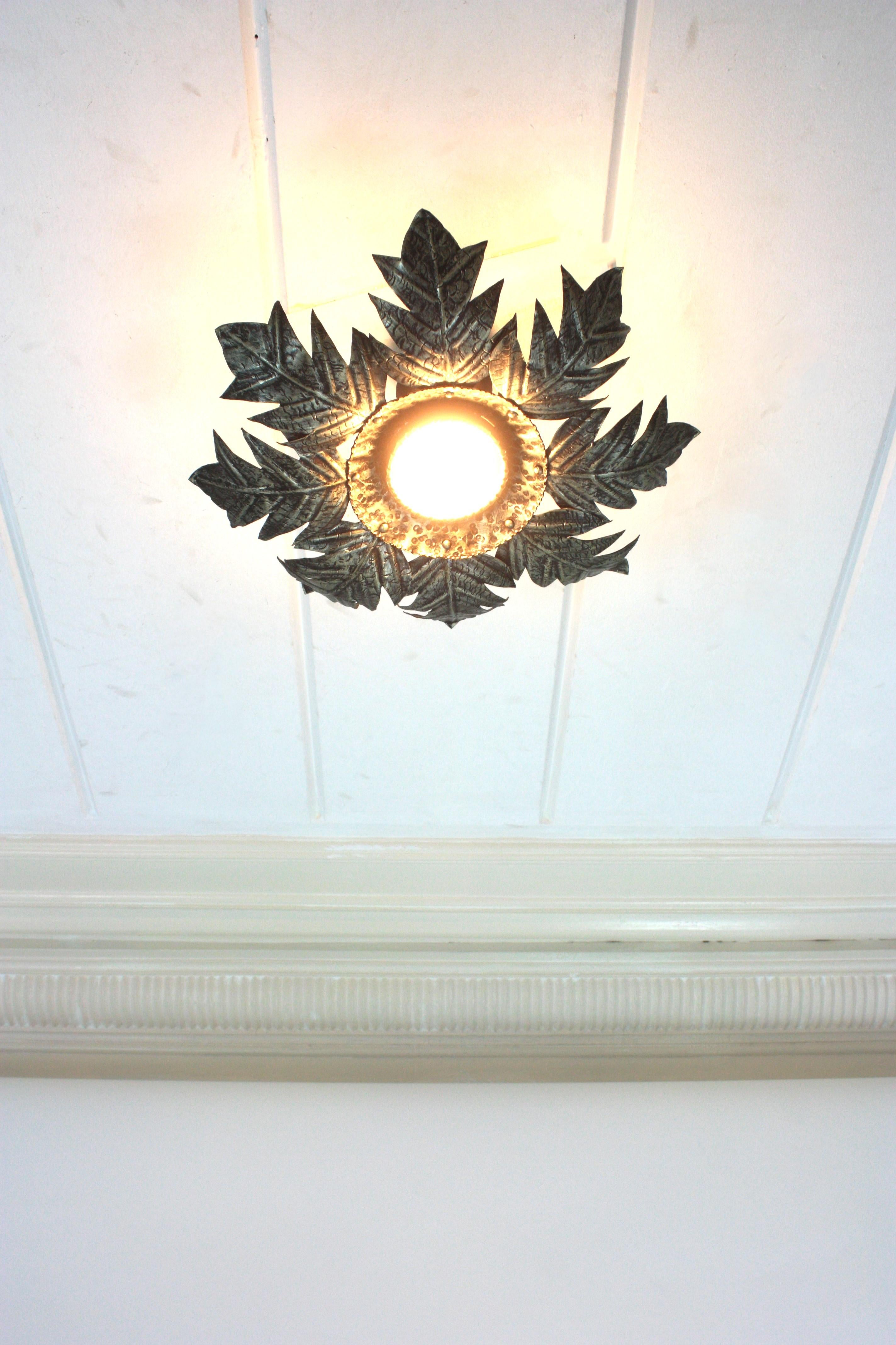 French Foliage Sunburst Light Fixture in Silvered Iron, 1950s  For Sale 1