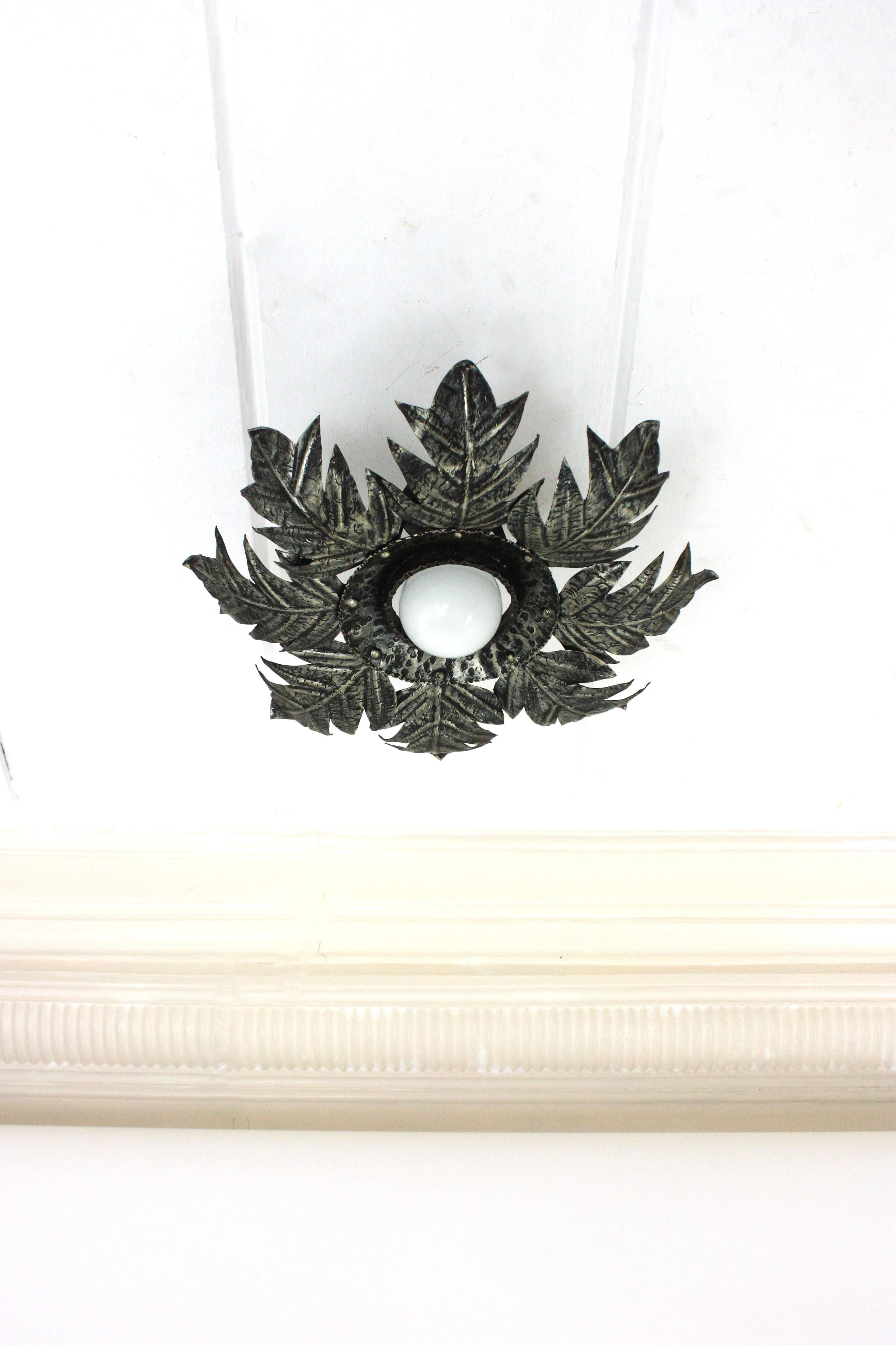 French Foliage Sunburst Light Fixture in Silvered Iron, 1950s  For Sale 2