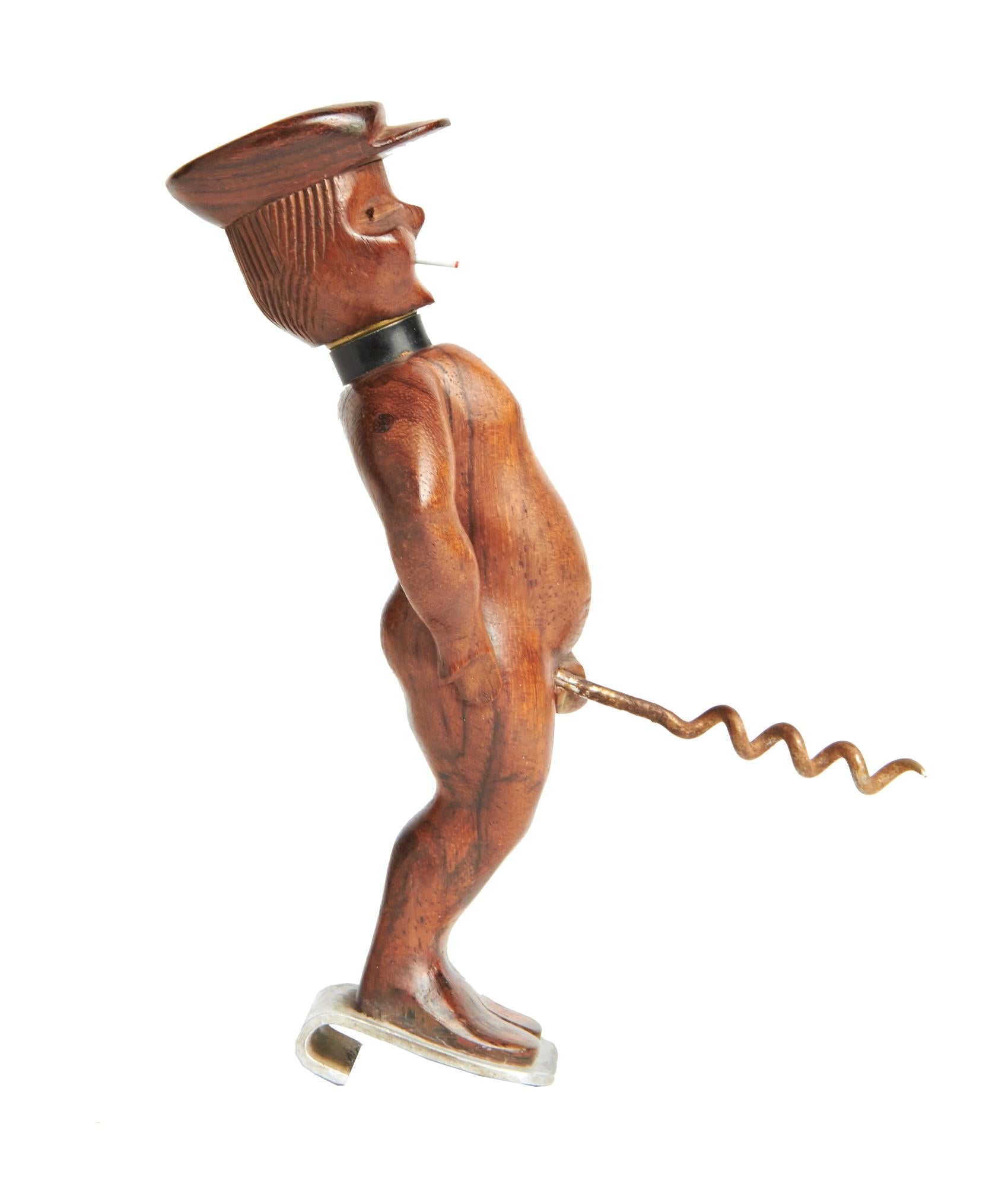 Hand-Carved French Folk Art Figural Combination Bottle-Opener, Corkscrew & Table Lighter