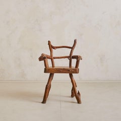 French Folk Art Hand-Carved Wood Armchair, 1960s