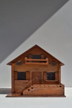 French Folk Art House-Shaped Wooden Box, Mid-Century Modern, 1950s