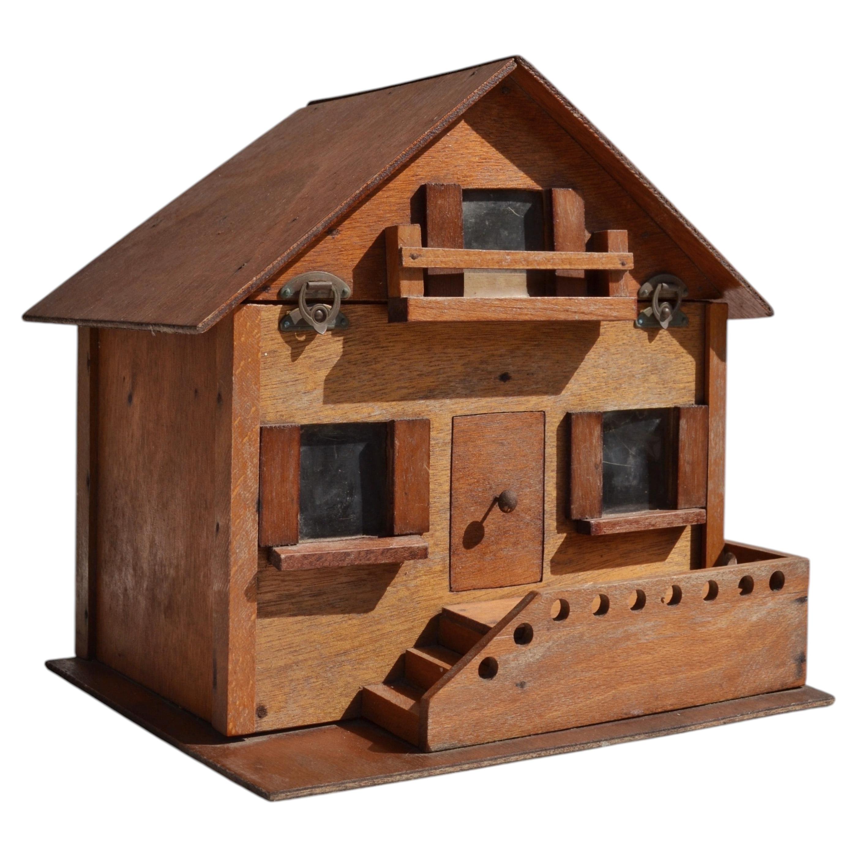 French Folk Art House-Shaped Wooden Box, Mid-Century Modern, 1950s
