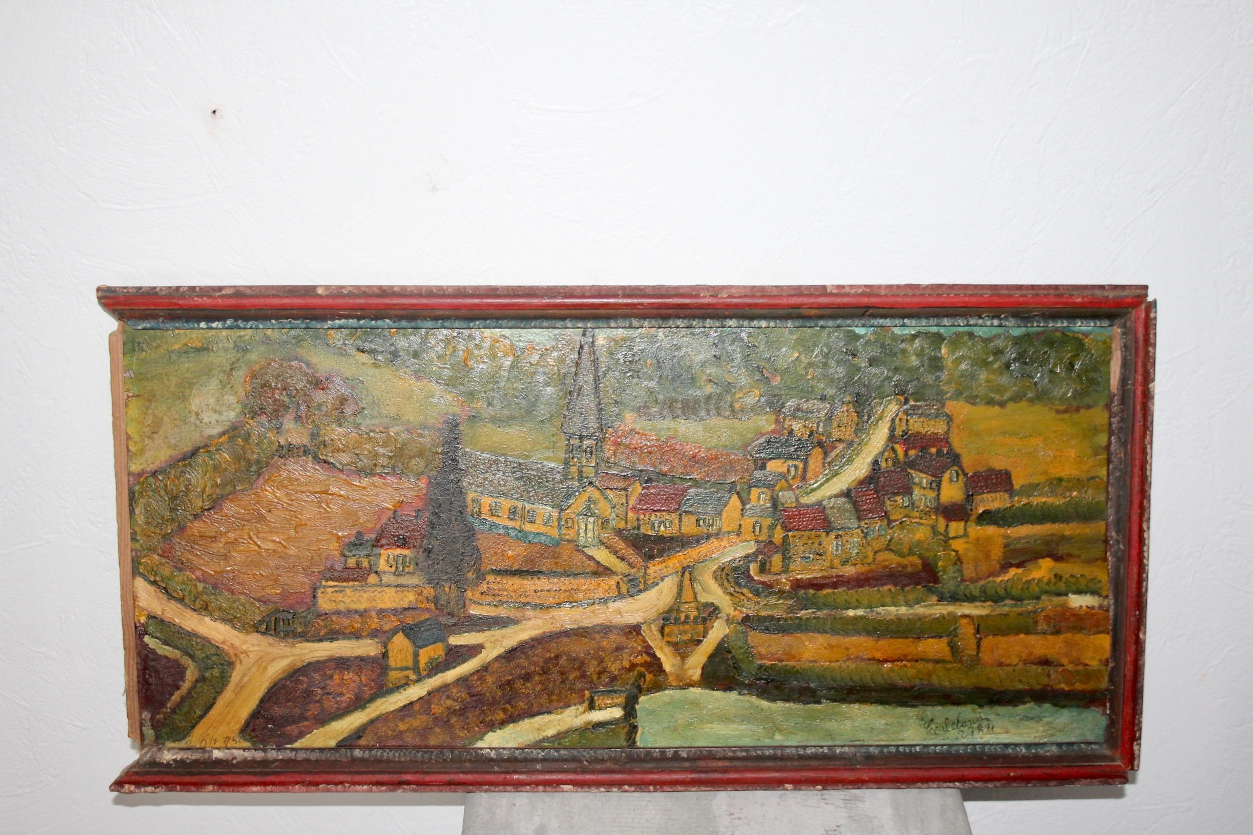 French folk art painting , one part of the frame is missing