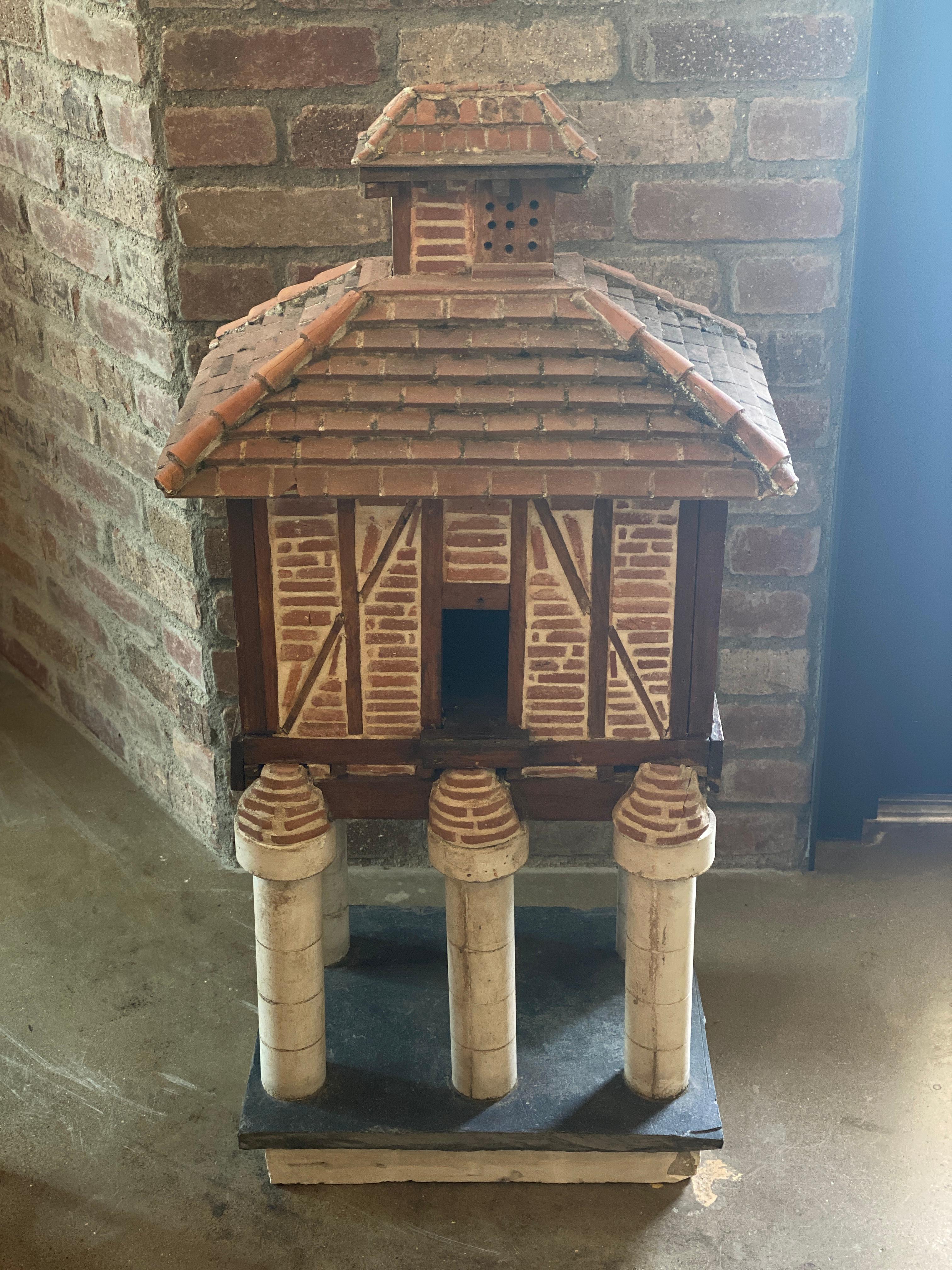 Hand-Crafted French Folk Art Terracotta Birdhouse on Pillars