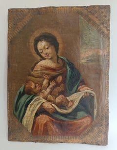 French Folk Art Virgin and Child Oil on Leather 17th Century