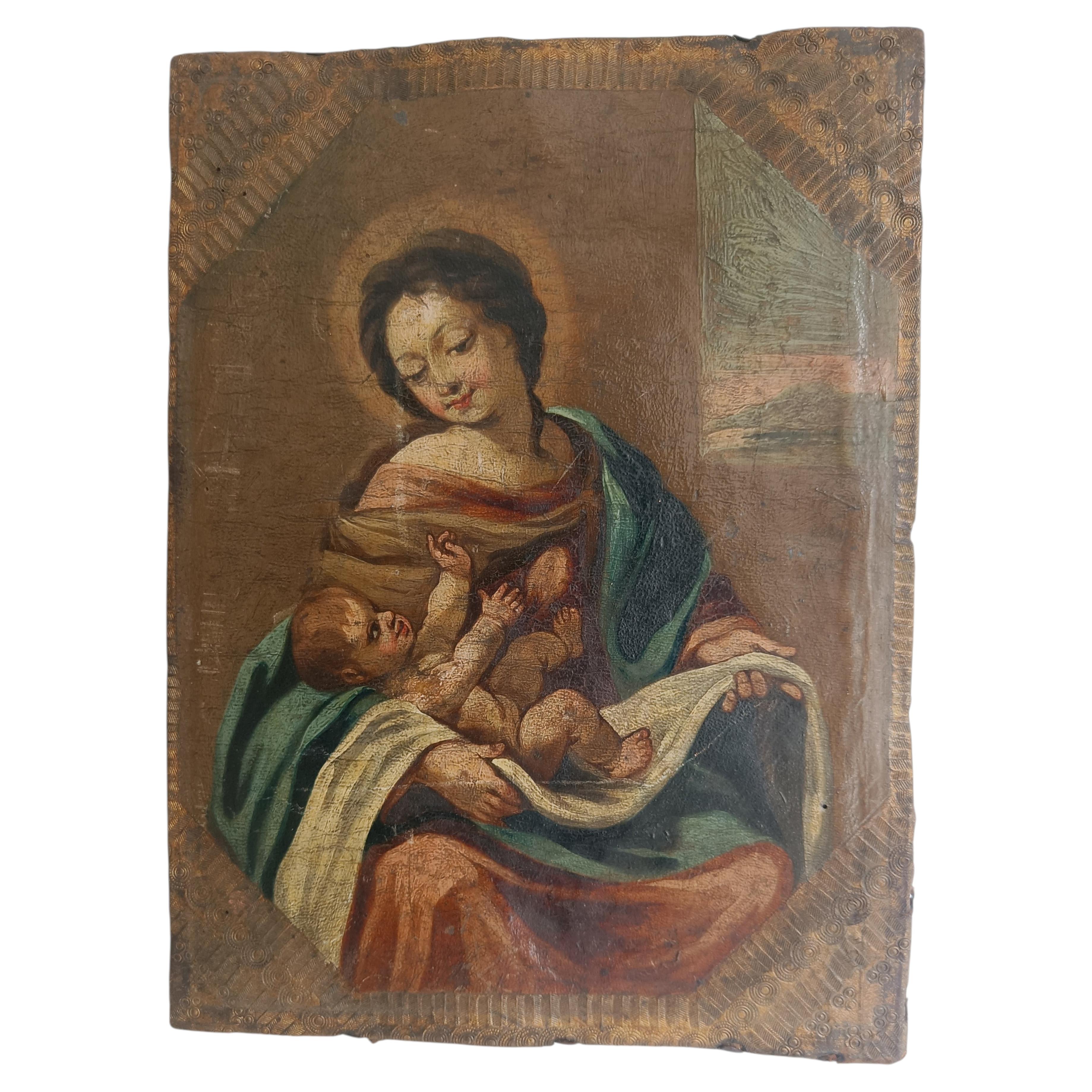 French Folk Art Painting Virgin and Child oil on leather 17th Century For Sale