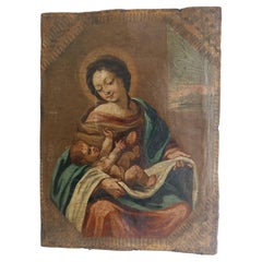French Folk Art Virgin and Child Oil on Leather 17th Century