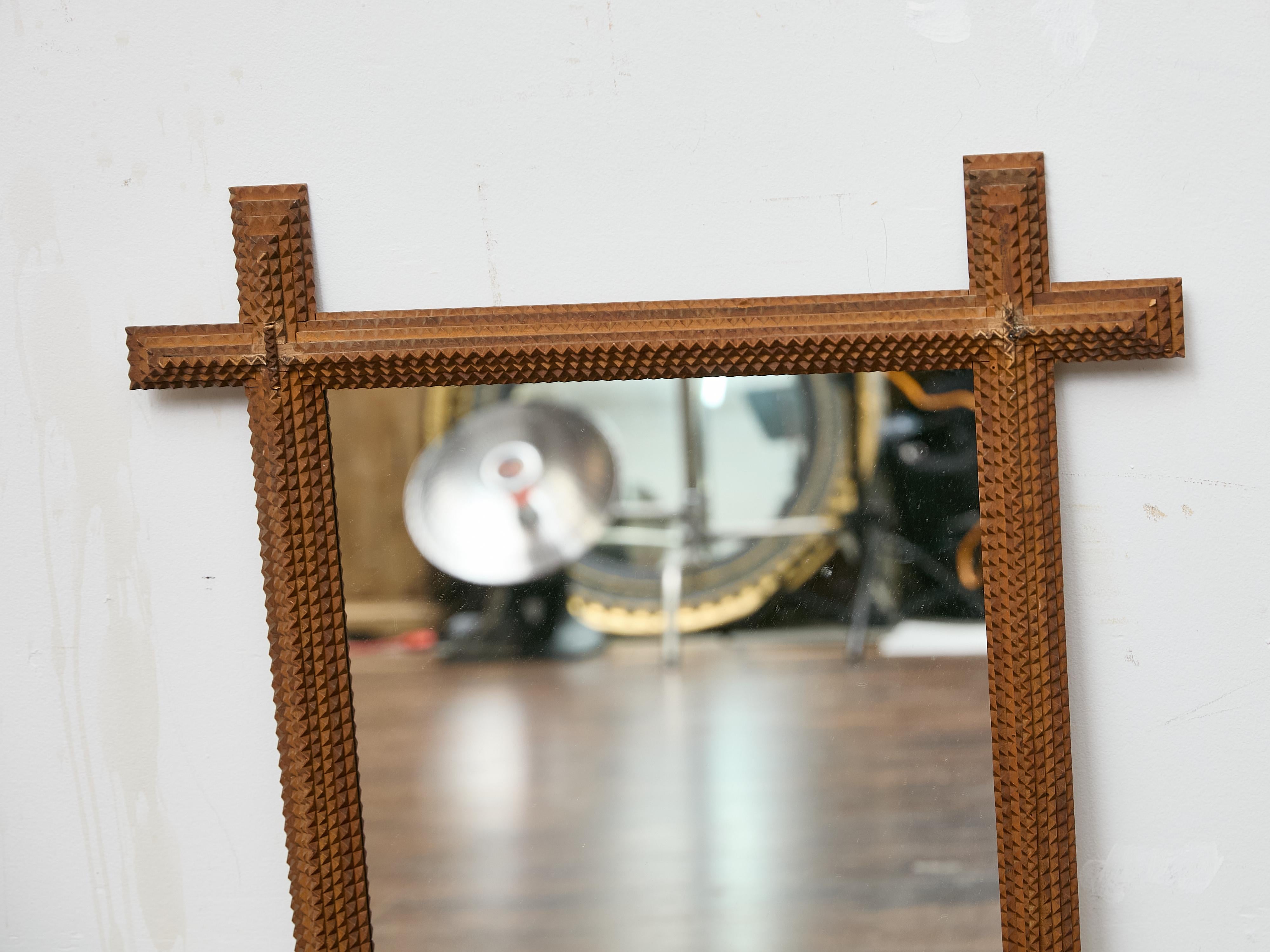 Folk Art French Folk Tramp Art Notched Wood Frame Wall Mirror -  Circa 1900 For Sale