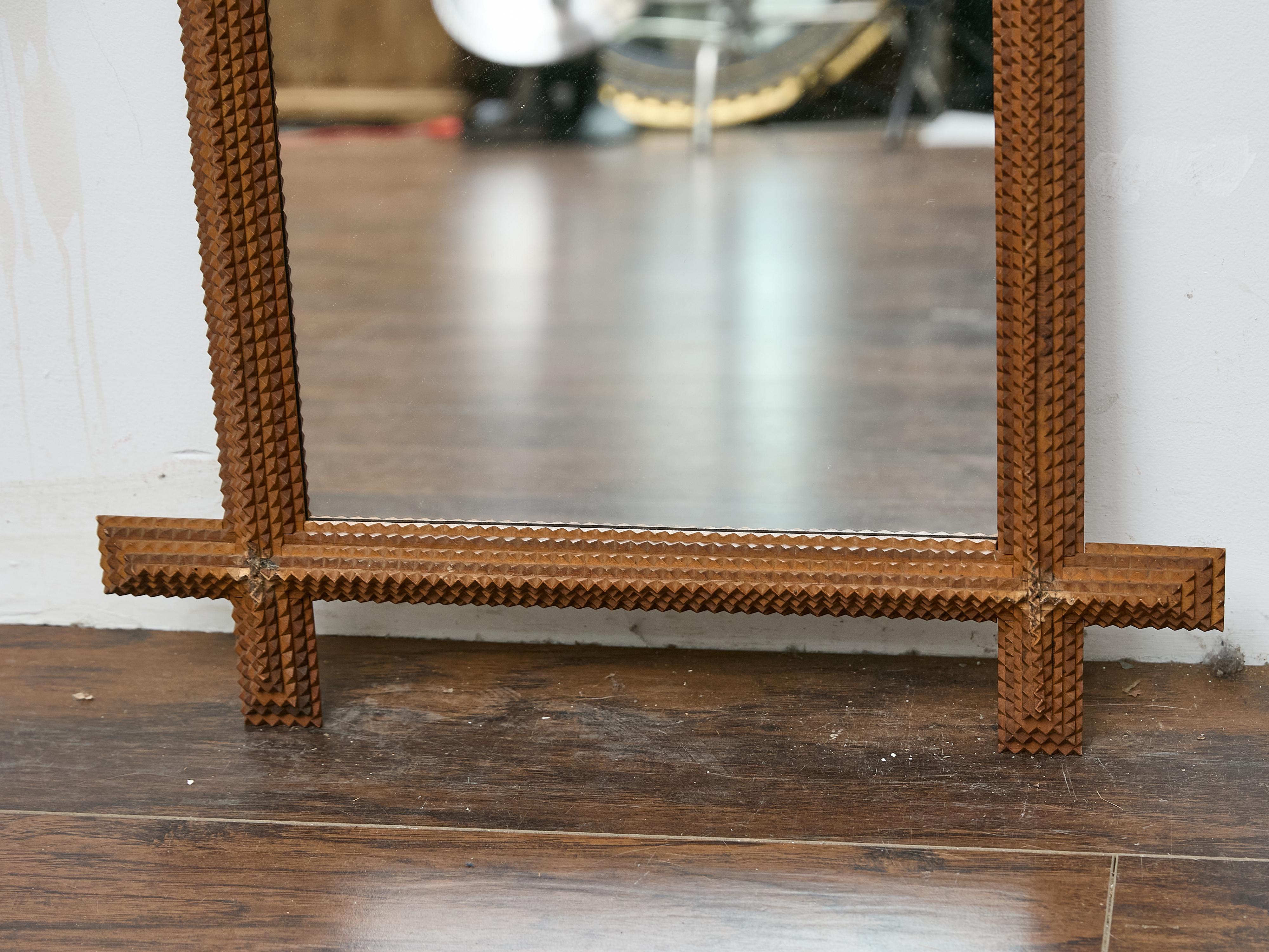 20th Century French Folk Tramp Art Notched Wood Frame Wall Mirror -  Circa 1900 For Sale
