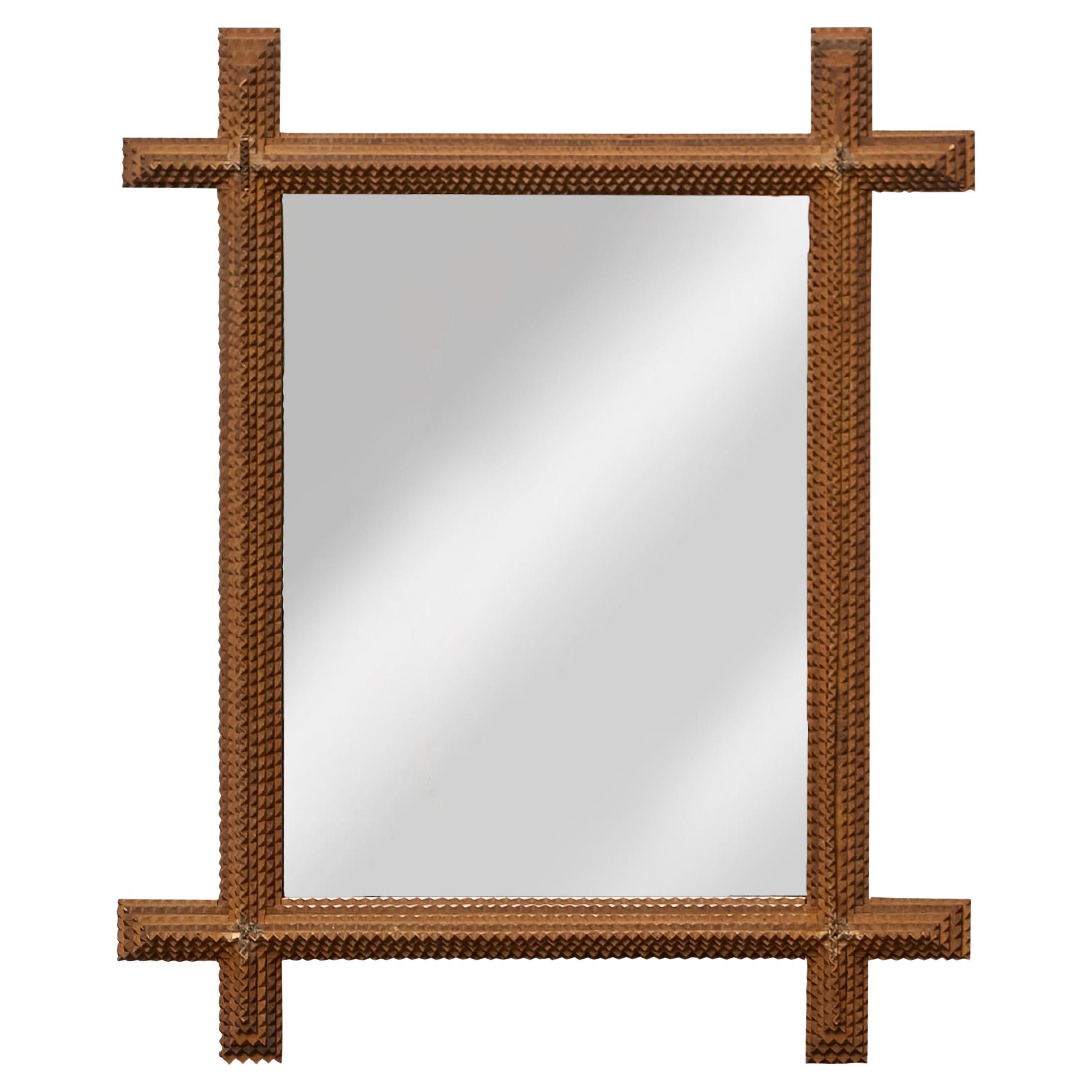 French Folk Tramp Art Notched Wood Frame Wall Mirror -  Circa 1900 For Sale