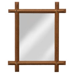 French Folk Tramp Art Notched Wood Frame Wall Mirror -  Circa 1900