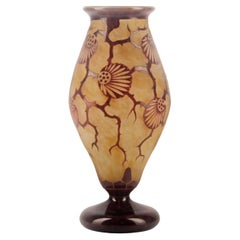 Modern French Footed Frosted Glass Vase with Floral Motifs by Le Verre Français
