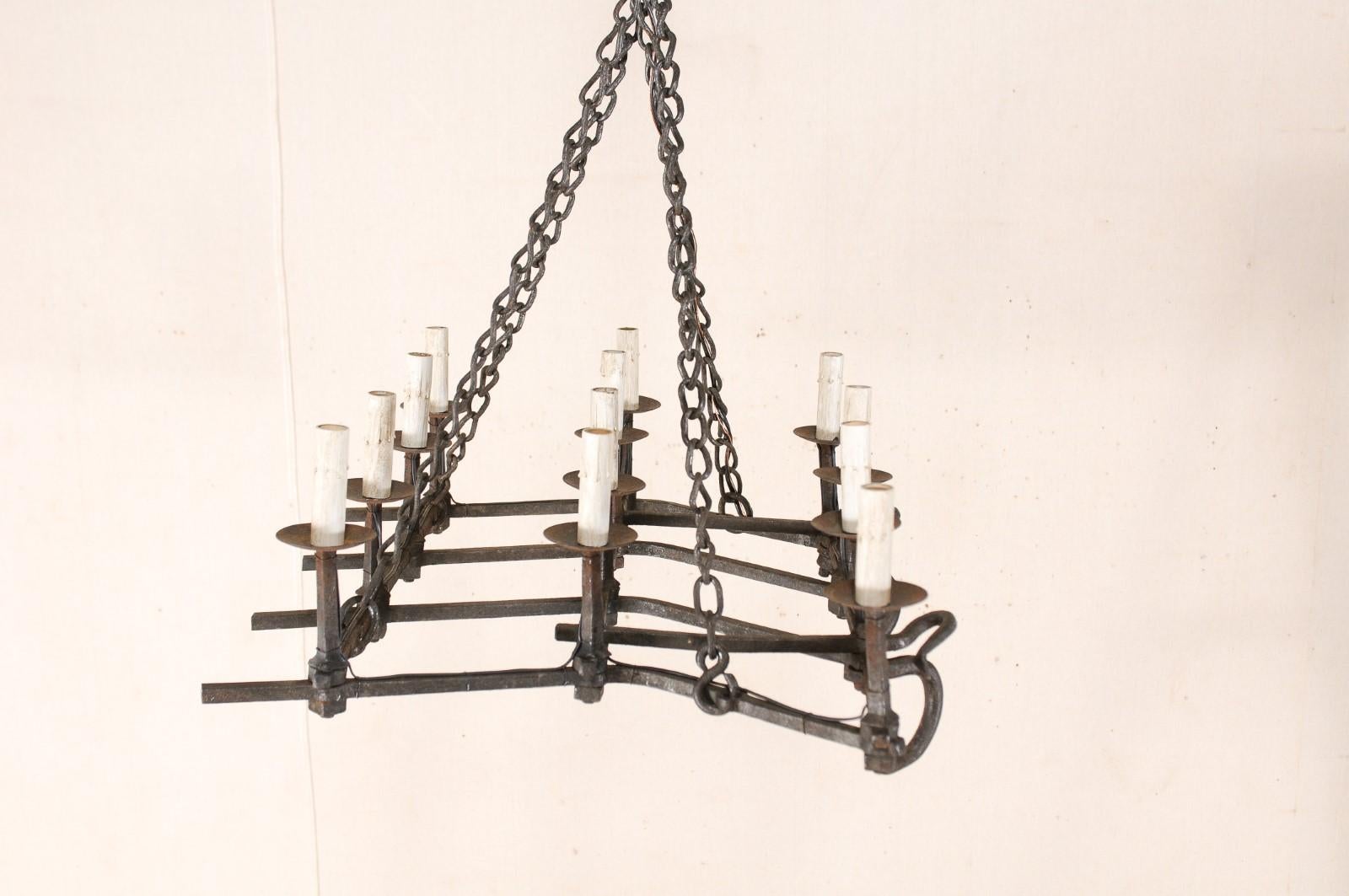 French Forged-Iron 12-Light Chandelier, Unique Shape from Old Farming Implement For Sale 5