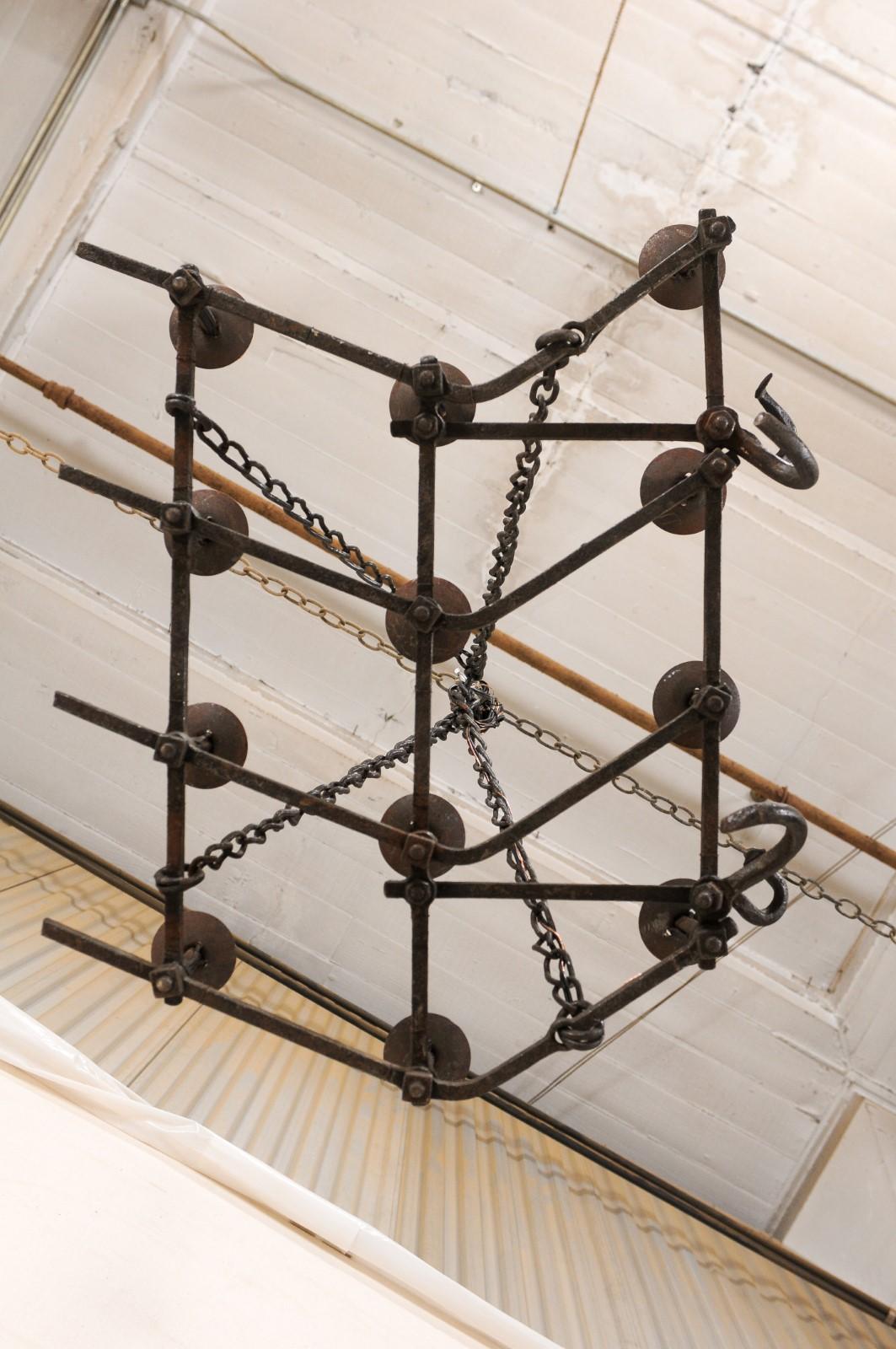 French Forged-Iron 12-Light Chandelier, Unique Shape from Old Farming Implement For Sale 6