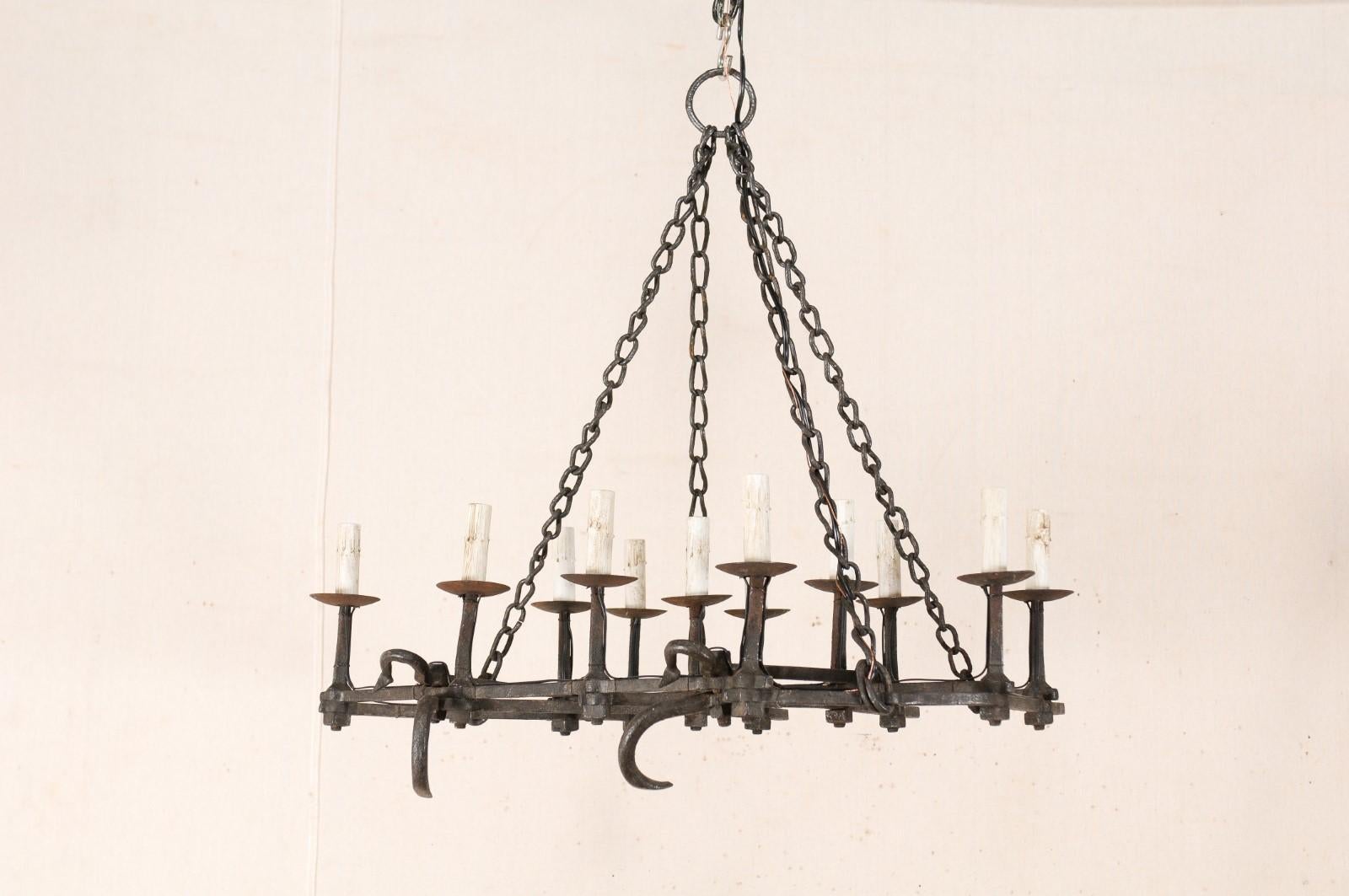 French Forged-Iron 12-Light Chandelier, Unique Shape from Old Farming Implement In Good Condition For Sale In Atlanta, GA