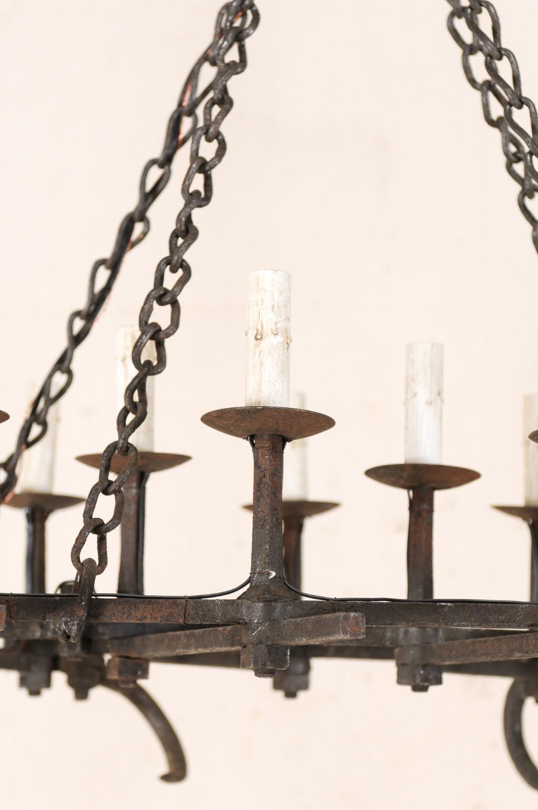 20th Century French Forged-Iron 12-Light Chandelier, Unique Shape from Old Farming Implement For Sale