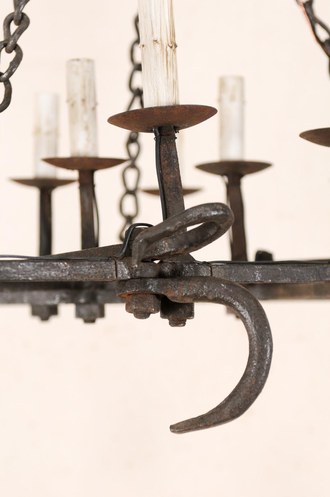French Forged-Iron 12-Light Chandelier, Unique Shape from Old Farming Implement  For Sale 1