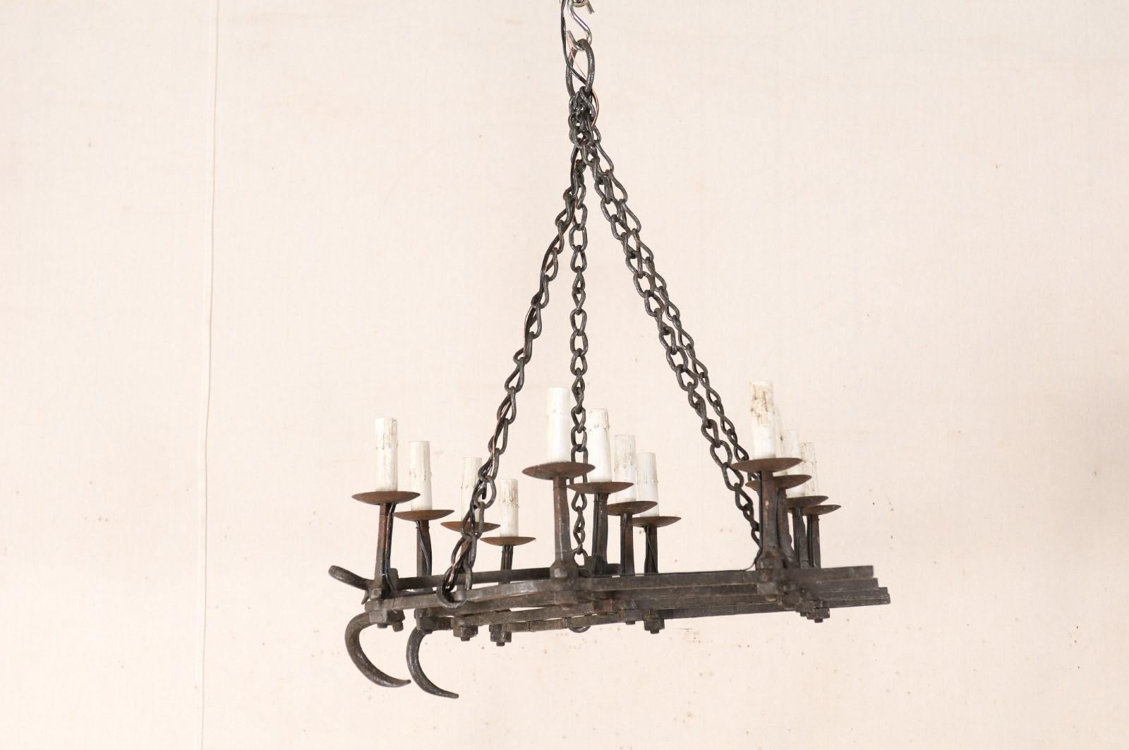 French Forged-Iron 12-Light Chandelier, Unique Shape from Old Farming Implement For Sale 2