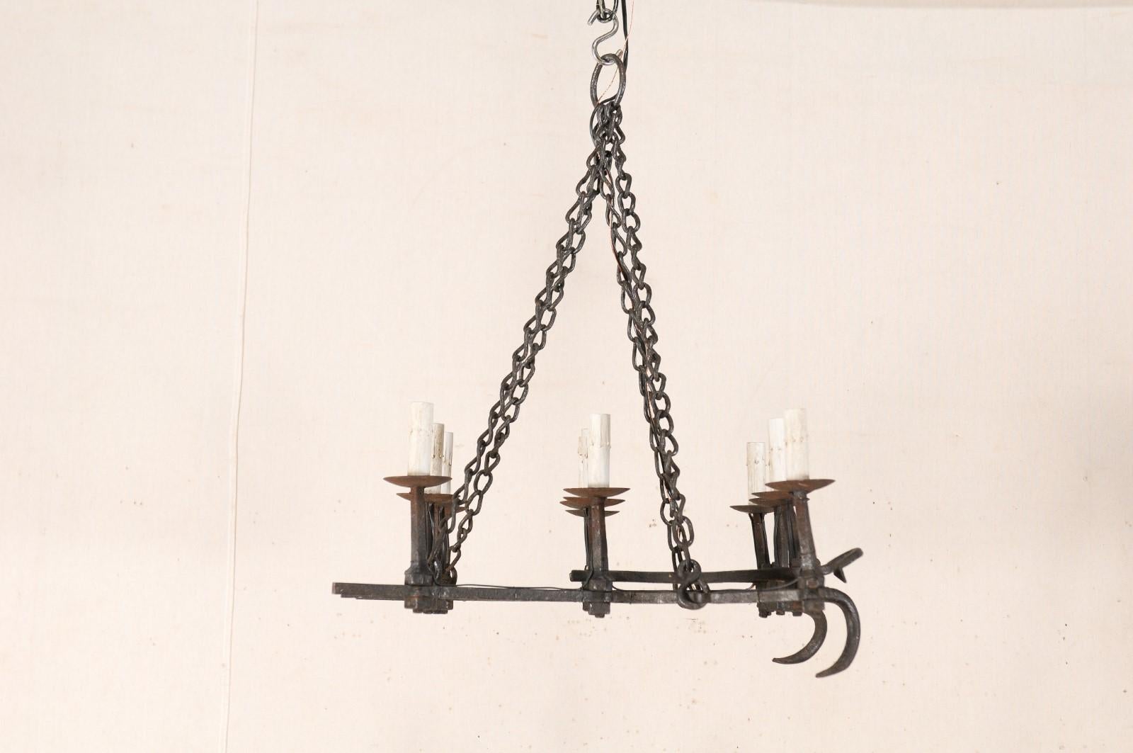 French Forged-Iron 12-Light Chandelier, Unique Shape from Old Farming Implement  For Sale 3