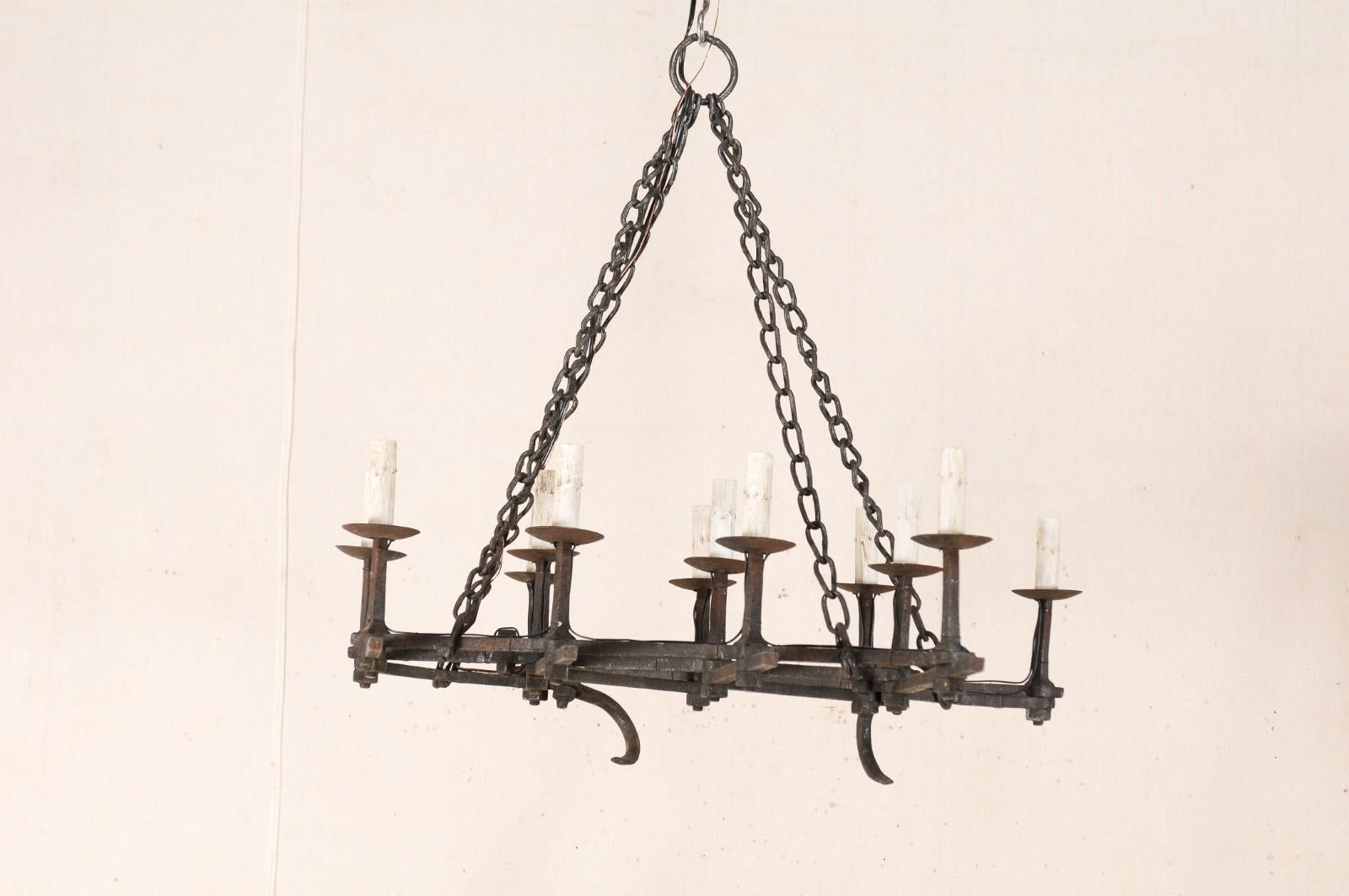 French Forged-Iron 12-Light Chandelier, Unique Shape from Old Farming Implement  For Sale 4