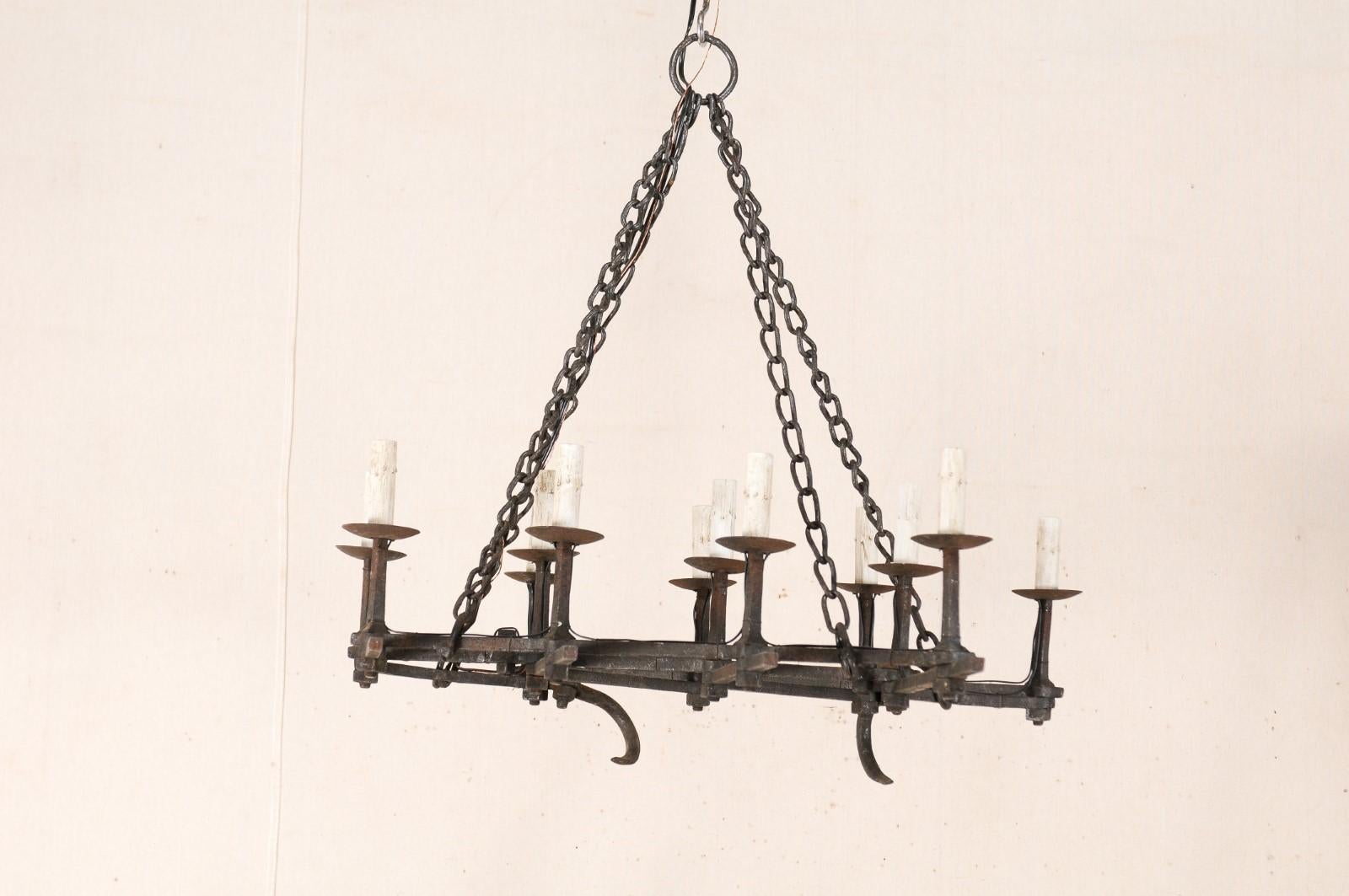 French Forged-Iron 12-Light Chandelier, Unique Shape from Old Farming Implement For Sale 4