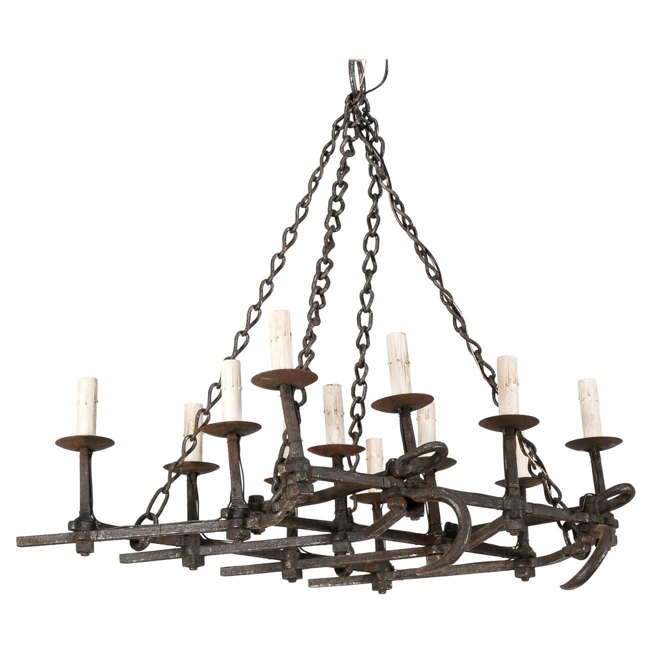 French Forged-Iron 12-Light Chandelier, Unique Shape from Old Farming Implement 