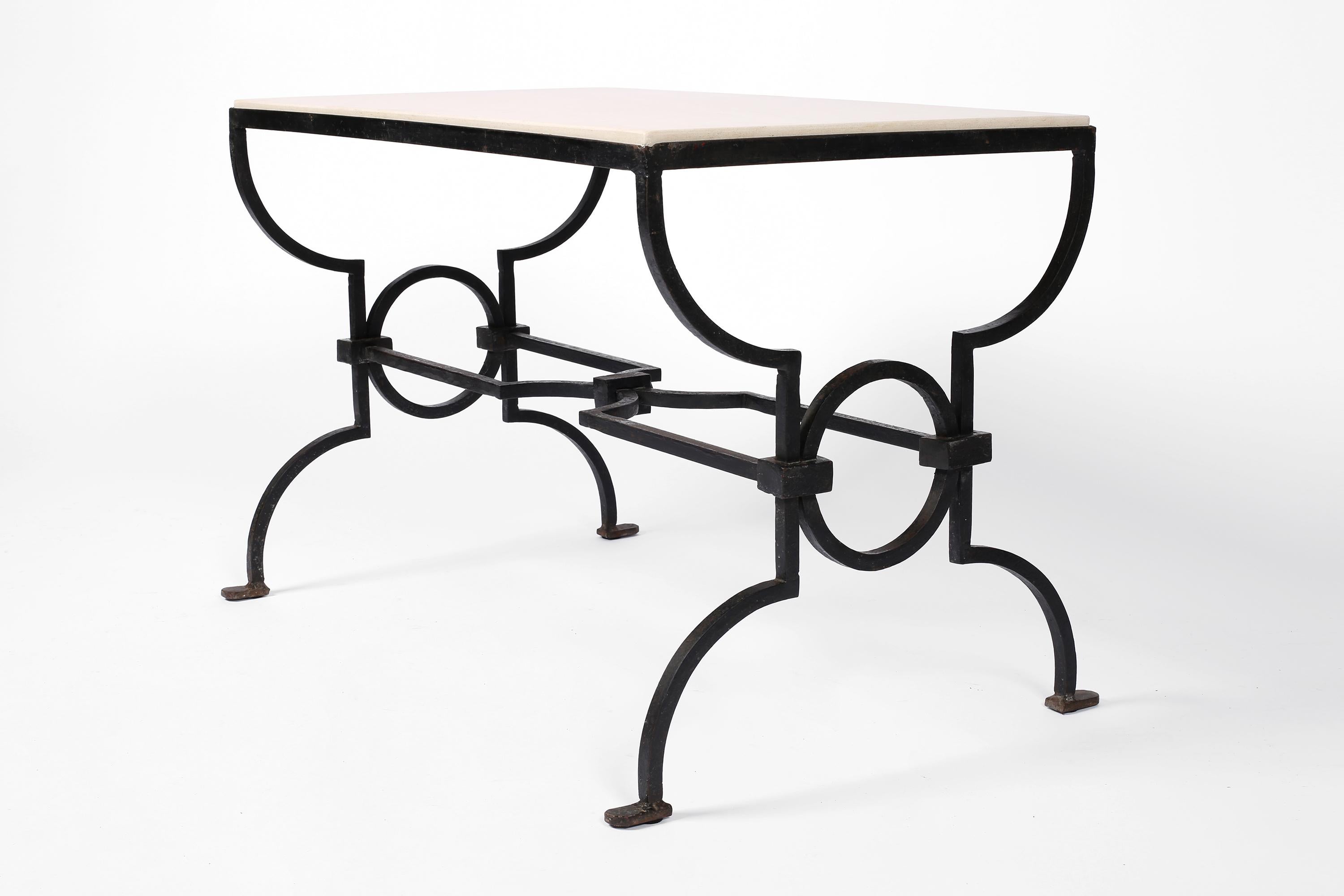 Art Deco French Forged Iron and Limestone Coffee Table by Gilbert Poillerat, c. 1940. For Sale