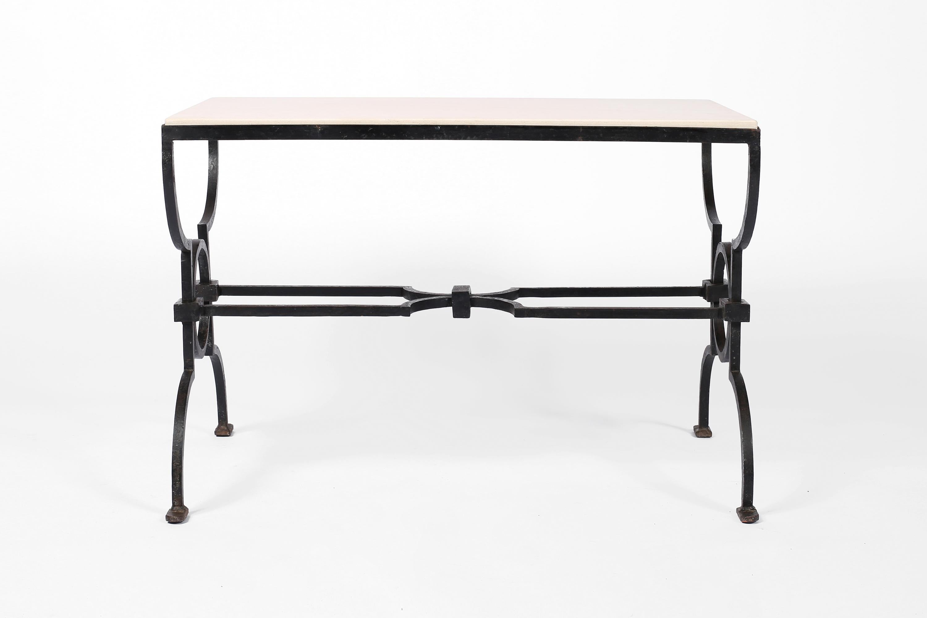 French Forged Iron and Limestone Coffee Table by Gilbert Poillerat, c. 1940. In Good Condition For Sale In London, GB