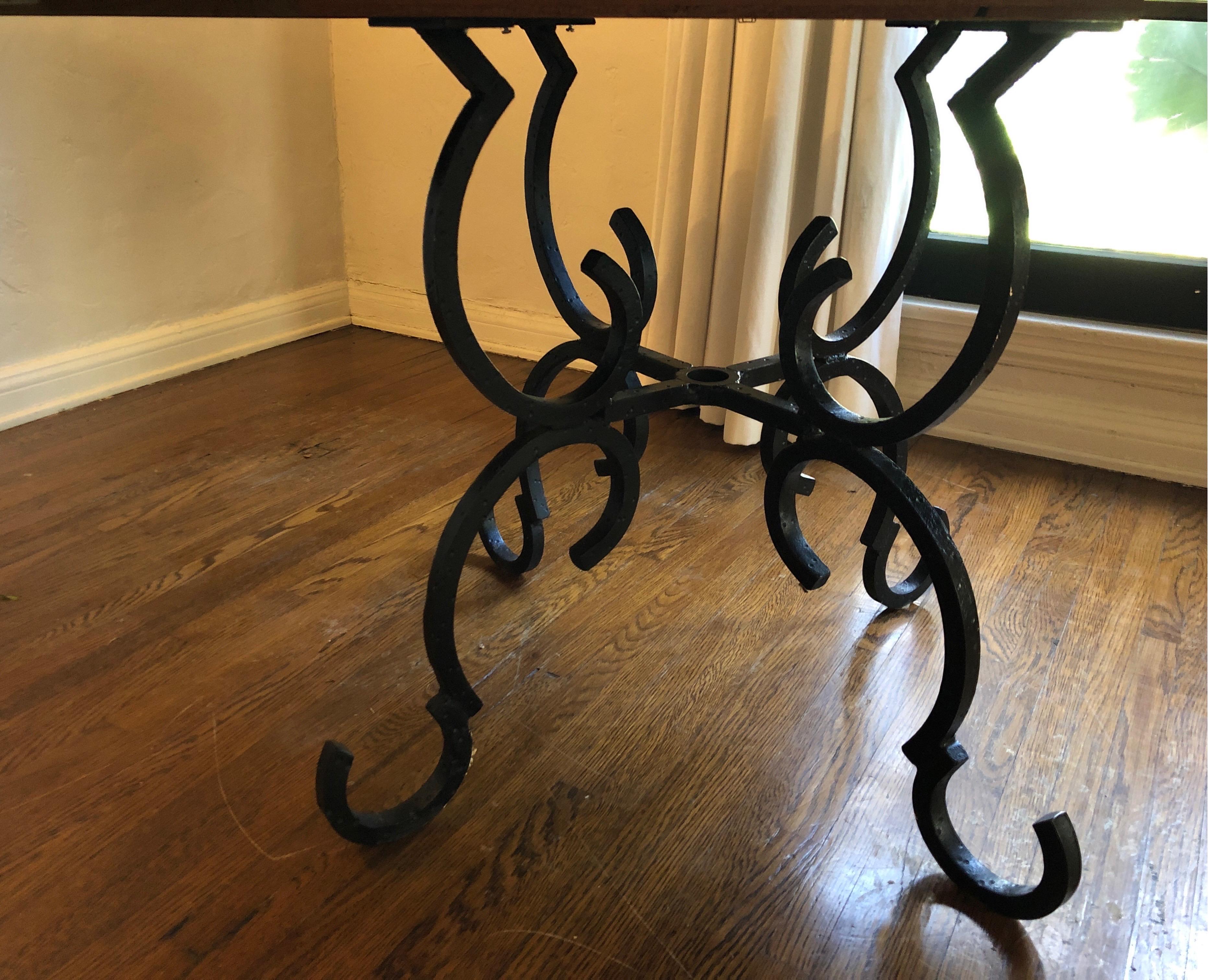 French Provincial French Forged Iron Base Dining Table with Black Lacquered Extension Top