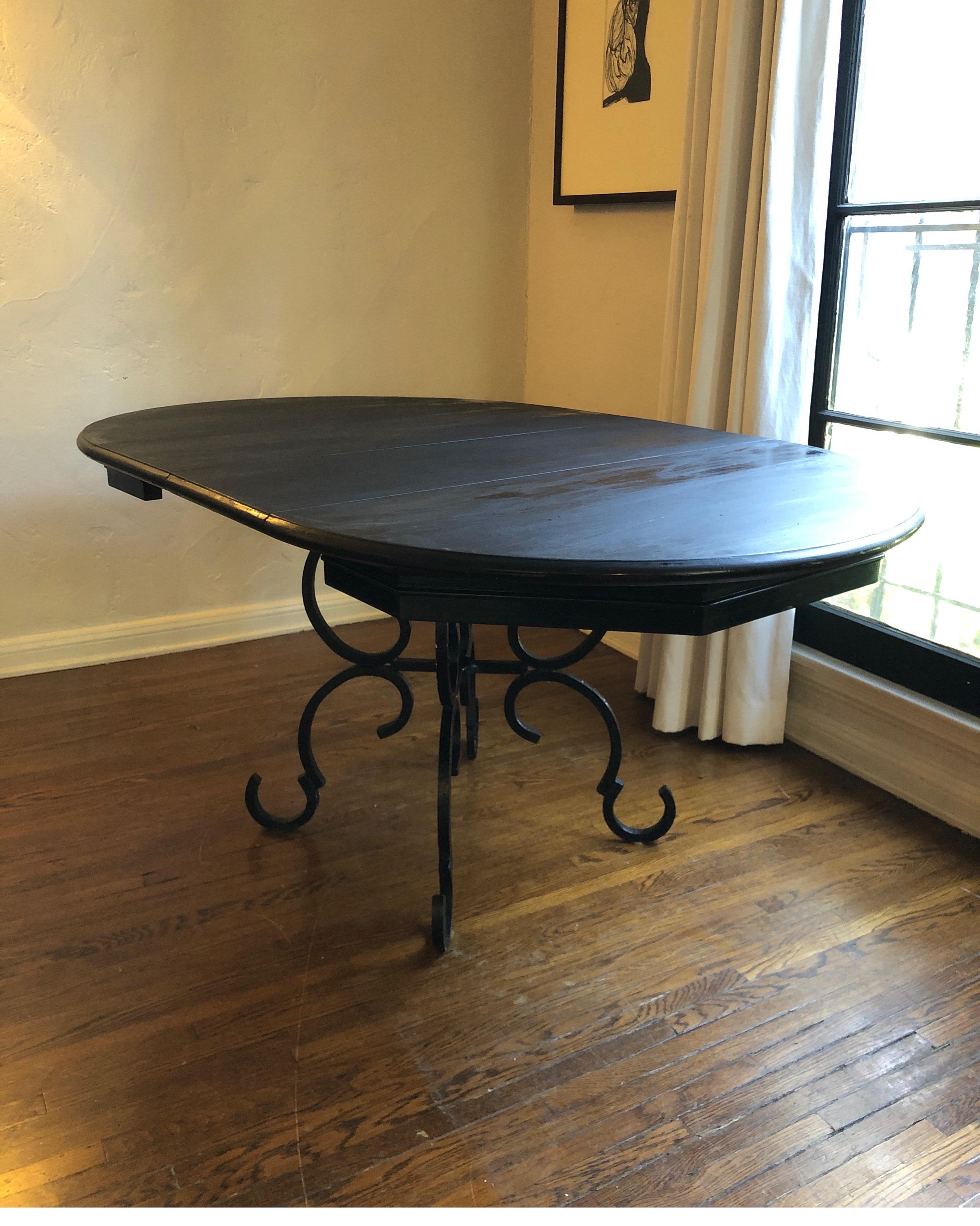 French Forged Iron Base Dining Table with Black Lacquered Extension Top 1