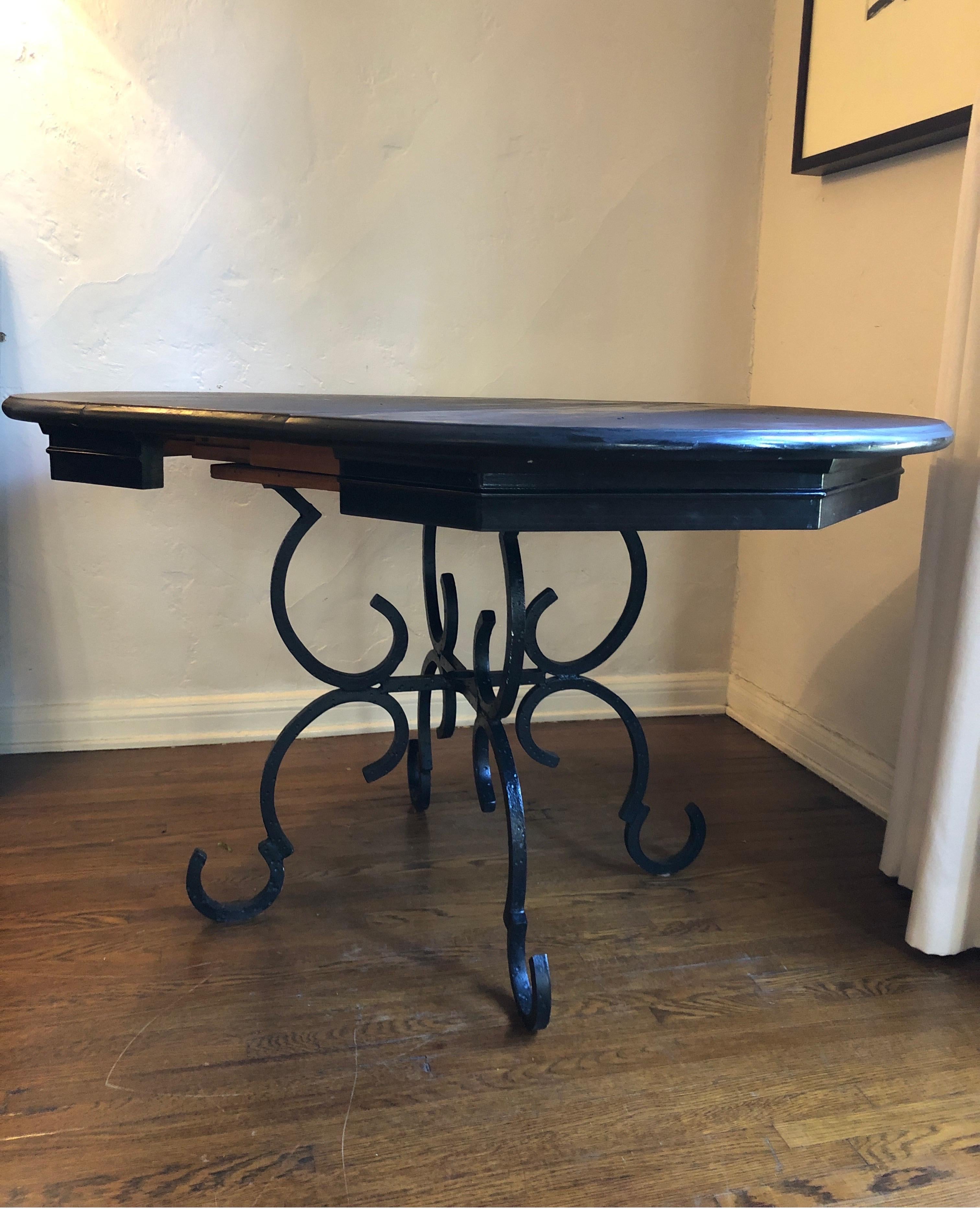 French Forged Iron Base Dining Table with Black Lacquered Extension Top 2