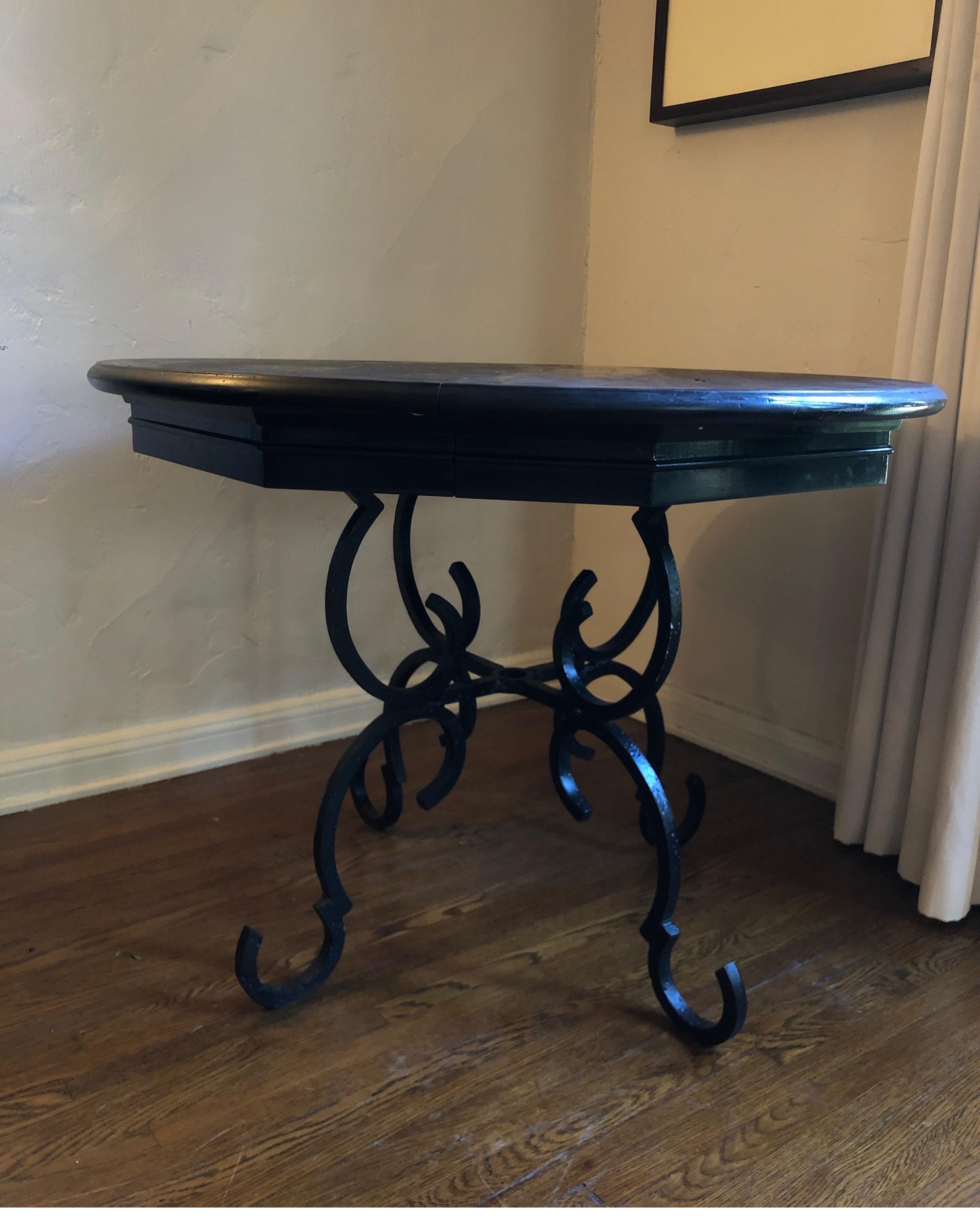 French Forged Iron Base Dining Table with Black Lacquered Extension Top 3