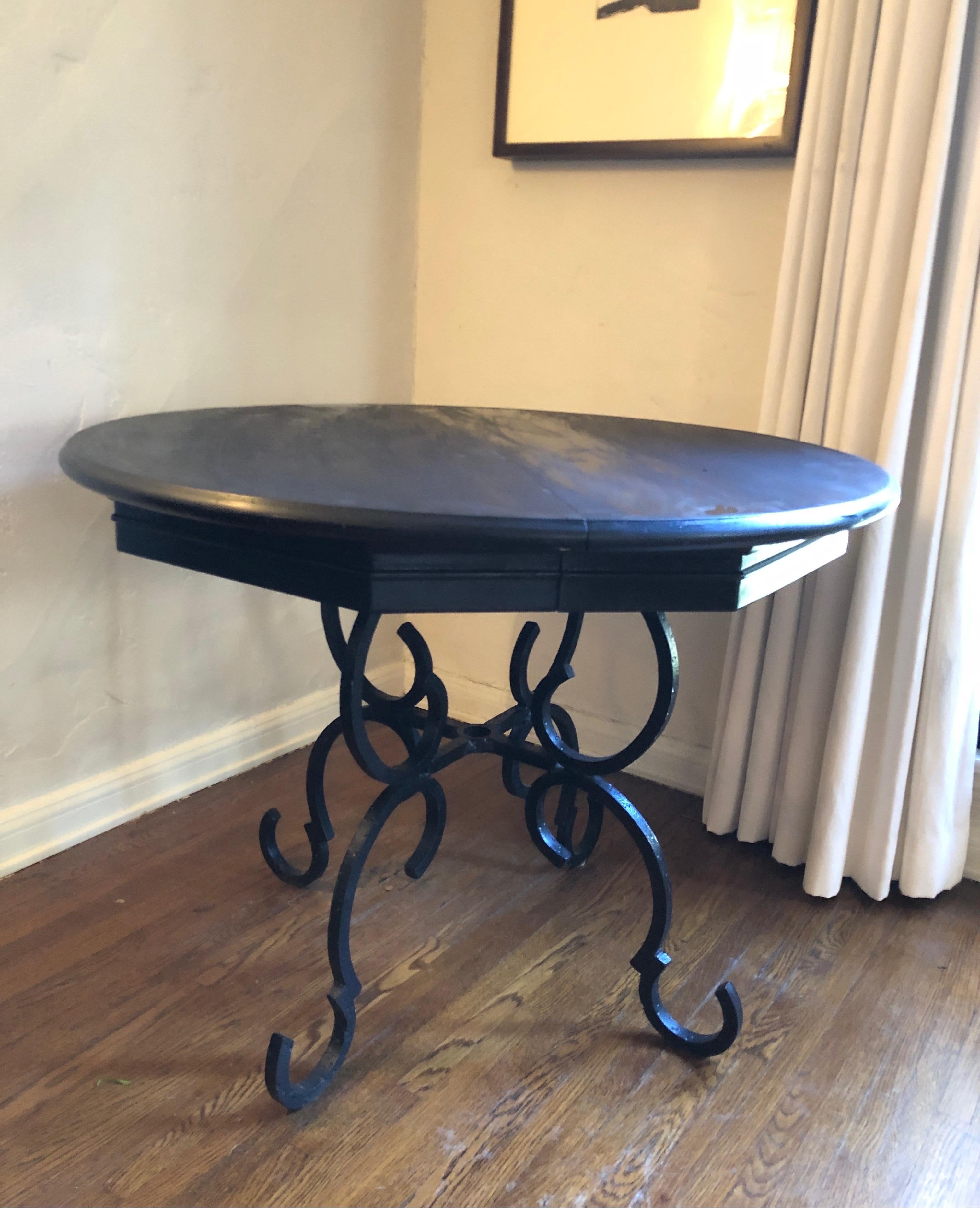 French Forged Iron Base Dining Table with Black Lacquered Extension Top 4