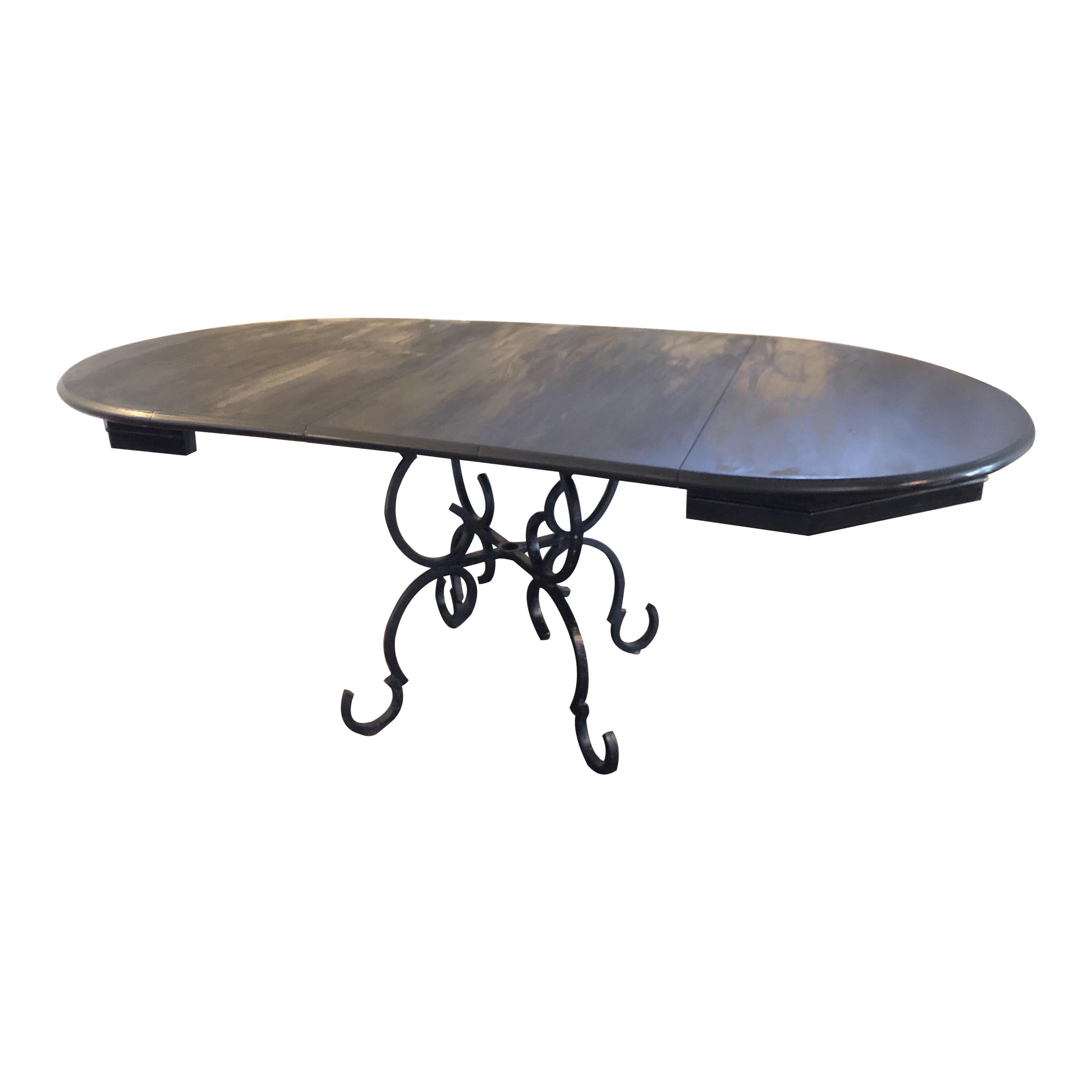 French Forged Iron Base Dining Table with Black Lacquered Extension Top