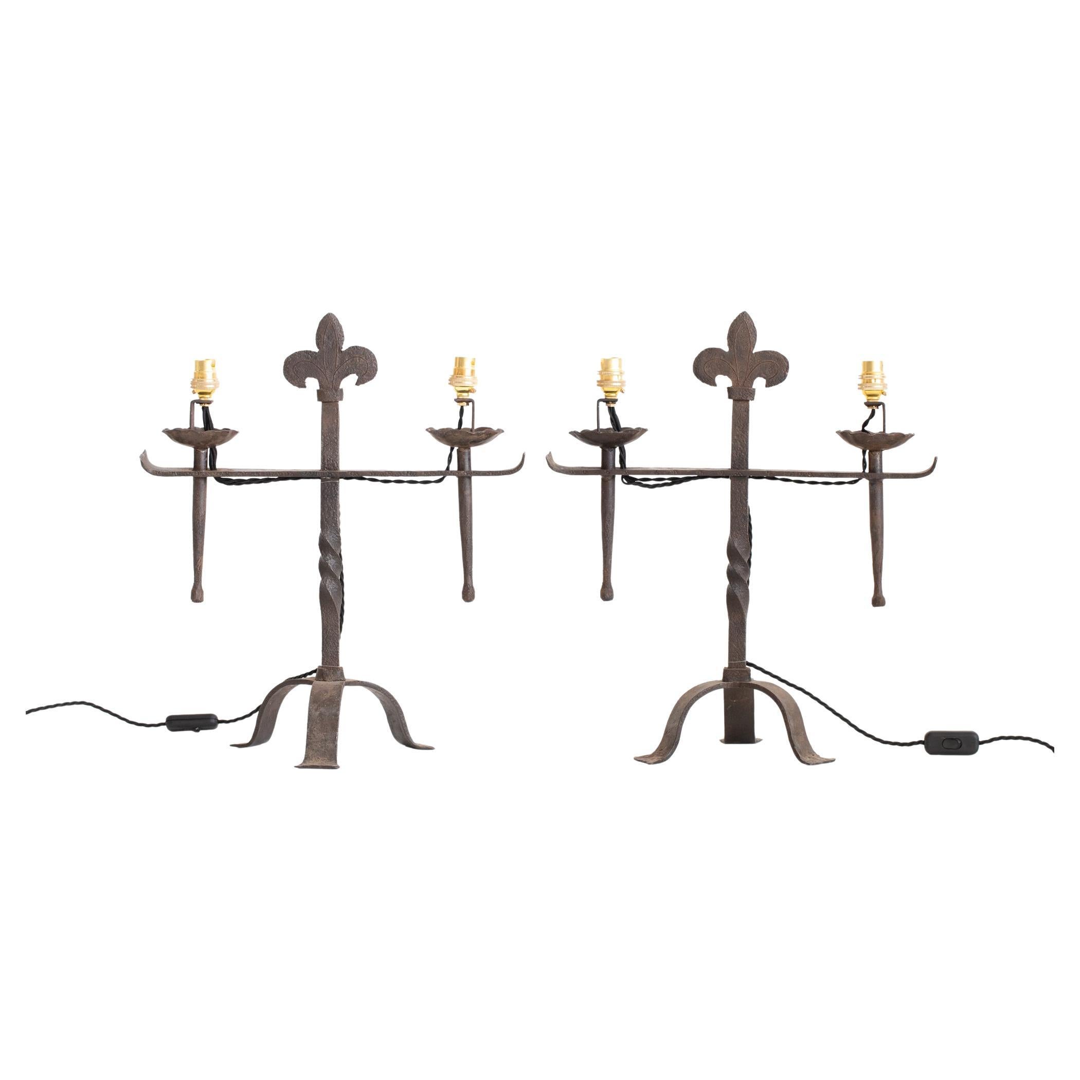 French Forged Iron Candlestick Table Lamps Circa 1870 For Sale