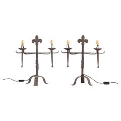 French Forged Iron Candlestick Table Lamps Circa 1870