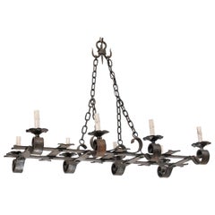 French Forged-Iron Eight-Light Chandelier in Rectangular Shape, Mid-20th Century