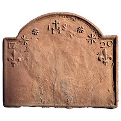 French Forged Iron Fireback Stars, Fleurs-de-Lys, Dated and Inscribed "1720 IHS"