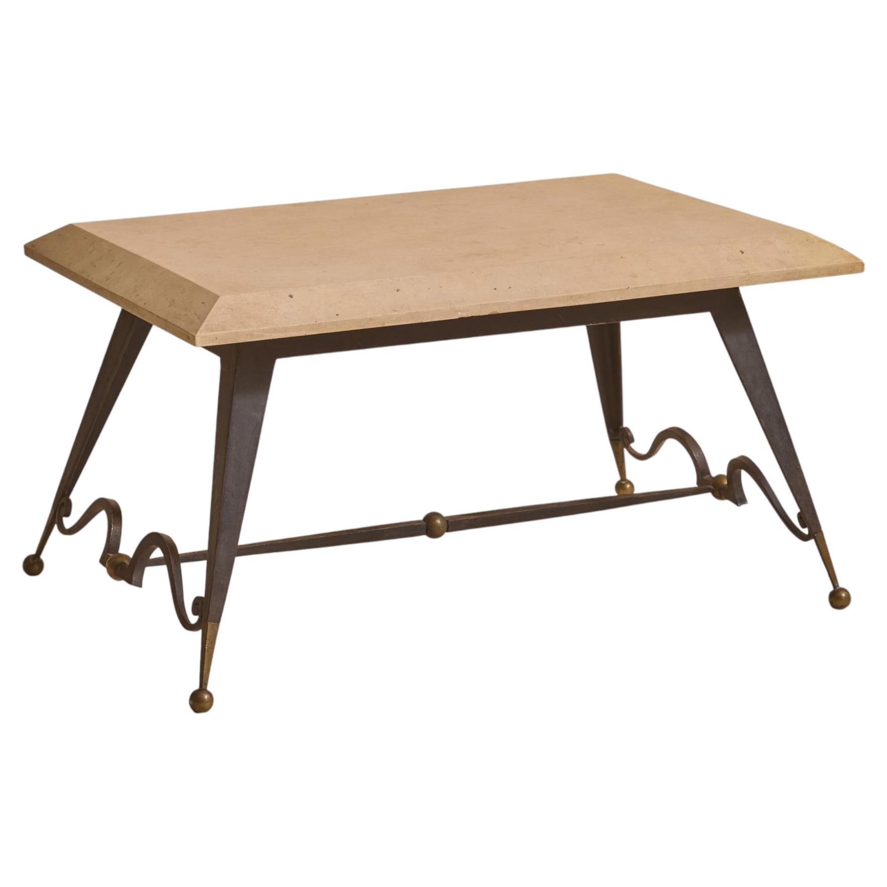French Forged Iron + Limestone Coffee Table, Circa 1940s For Sale