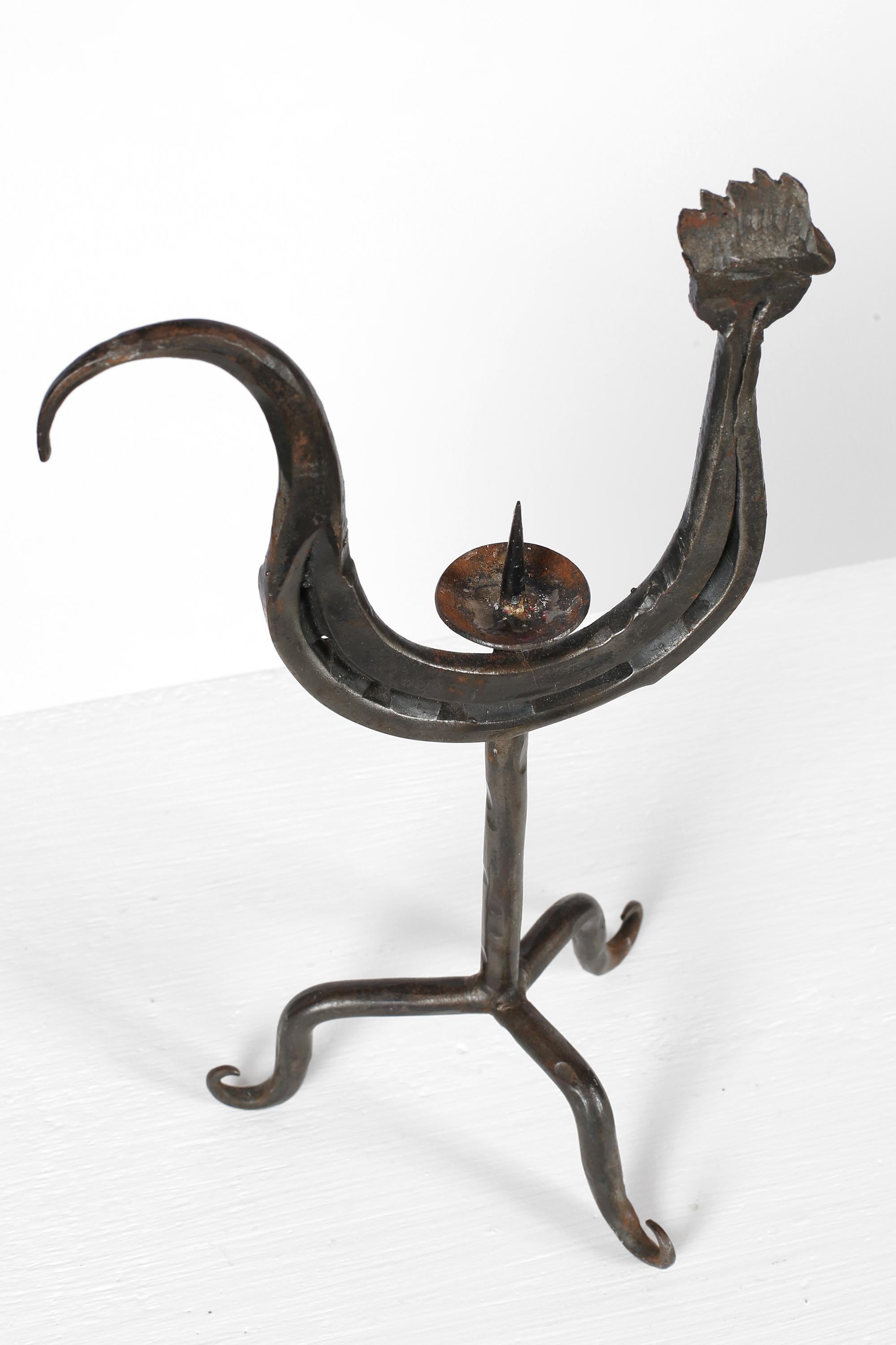 French Forged Iron Midcentury Zoomorphic Marolles Style Cockerel Candlestick In Good Condition For Sale In London, GB