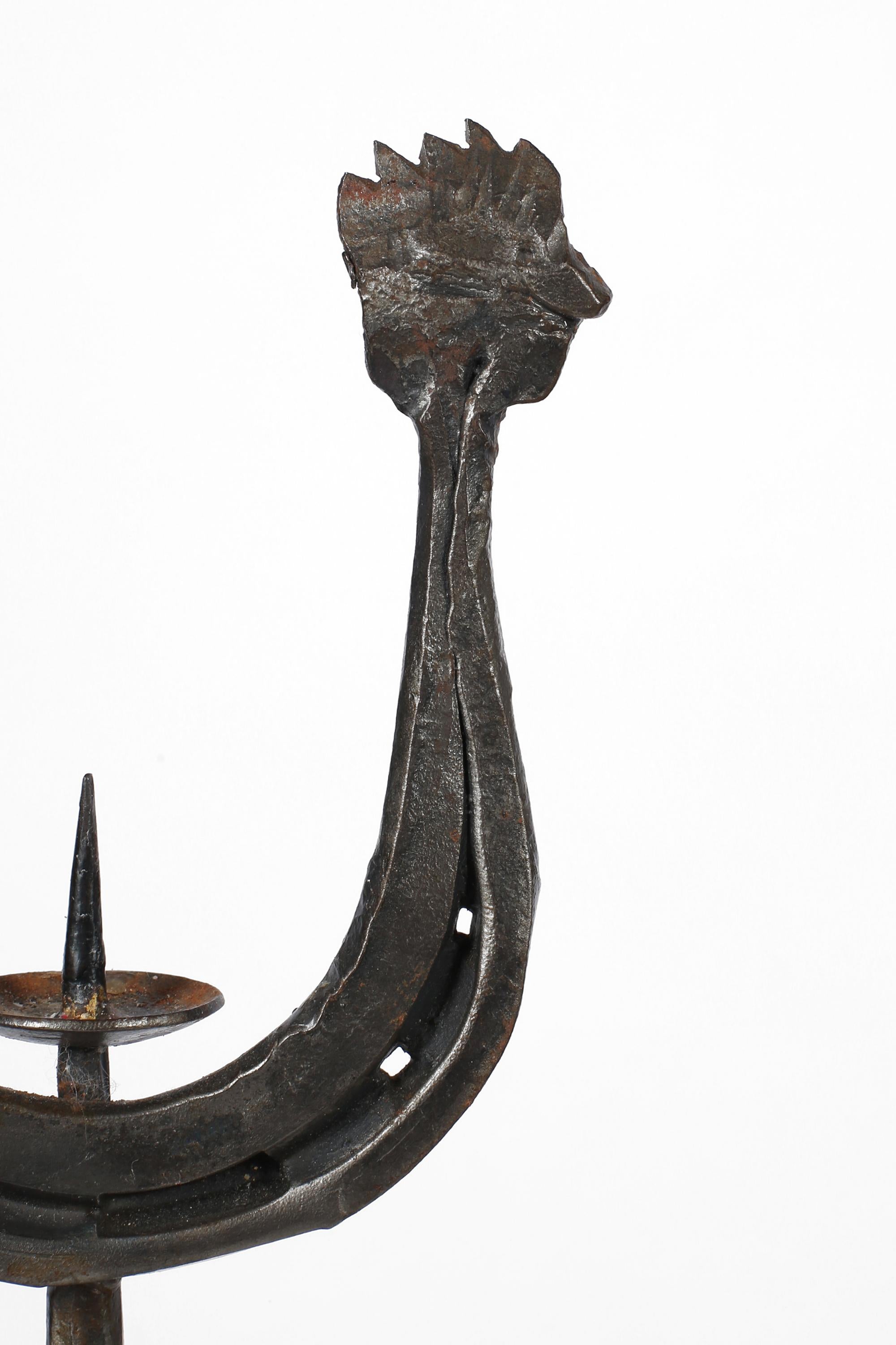 20th Century French Forged Iron Midcentury Zoomorphic Marolles Style Cockerel Candlestick For Sale