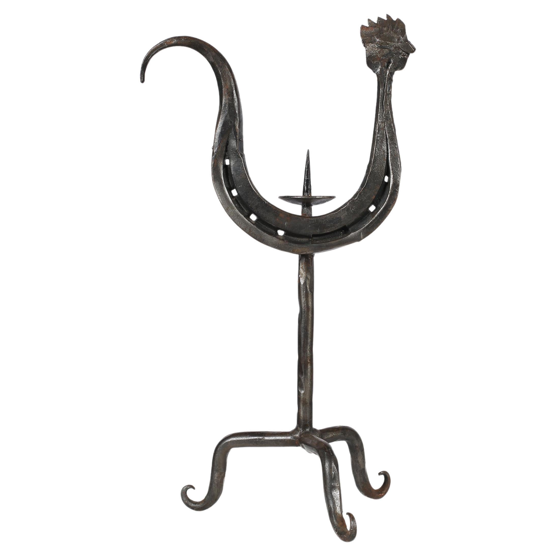 French Forged Iron Midcentury Zoomorphic Marolles Style Cockerel Candlestick For Sale