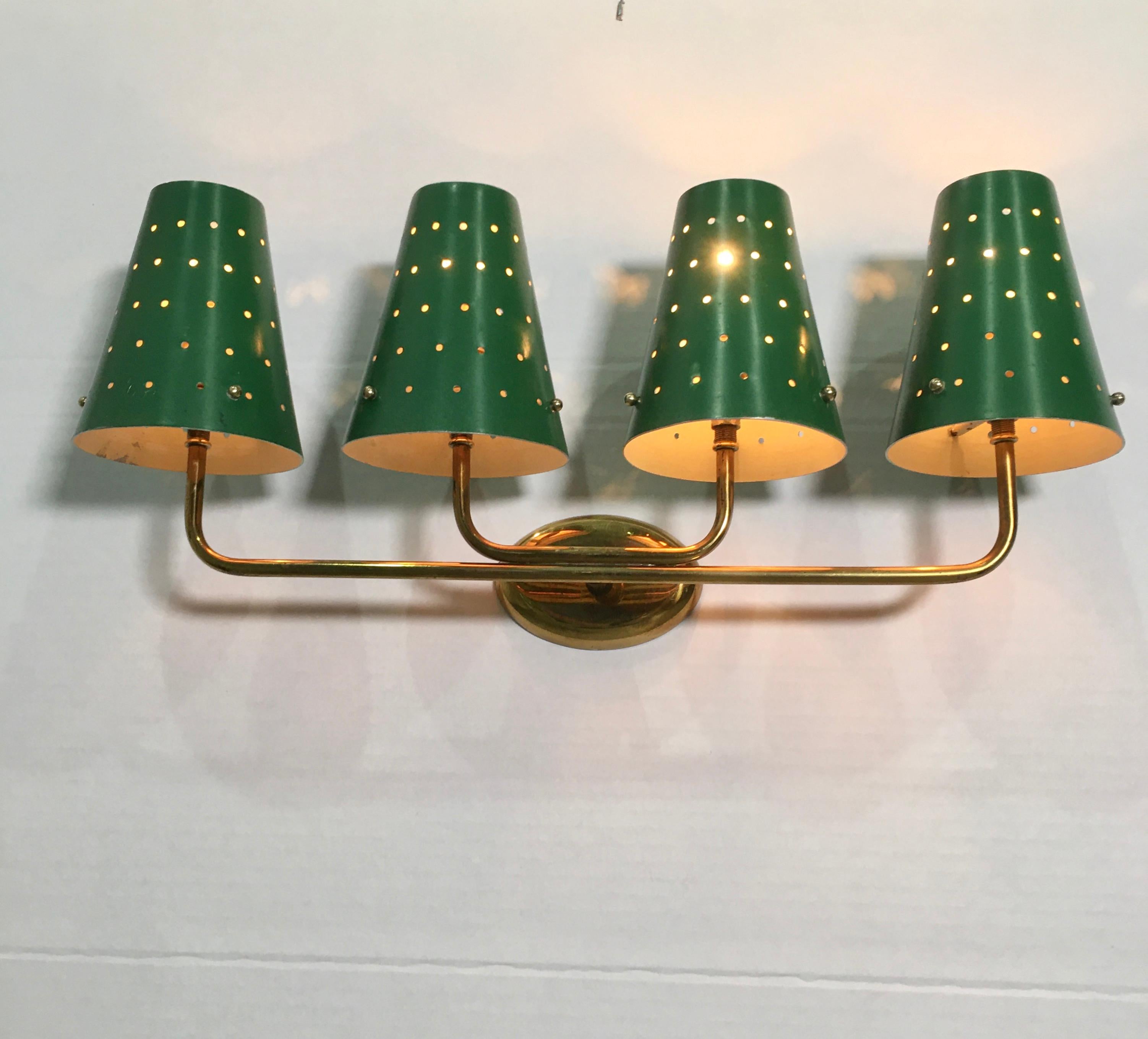 French Four-Arm Brass Sconce with Perforated Metal Shades 2